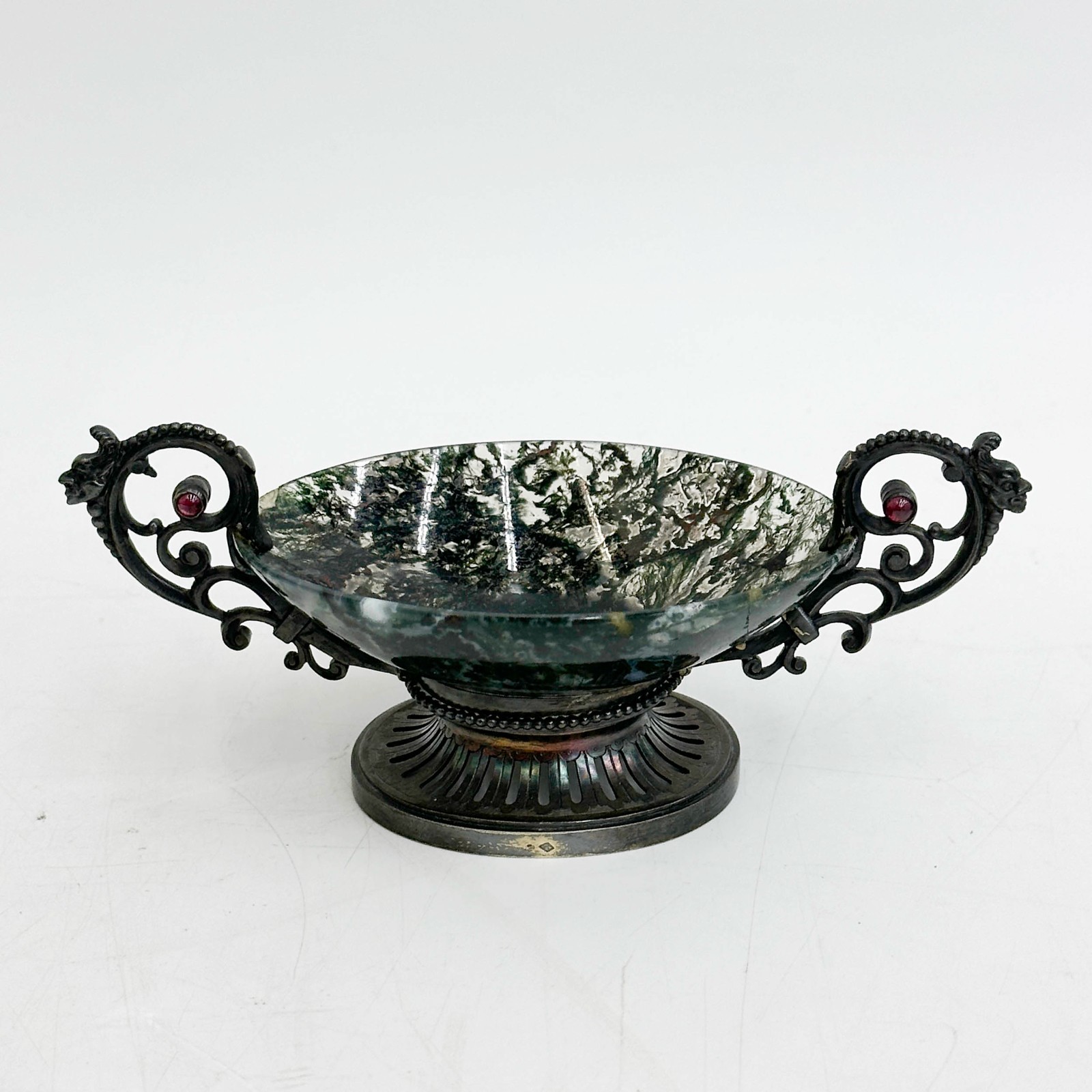 French Sterling Silver Carved Moss Agate Double Handled Master Salt