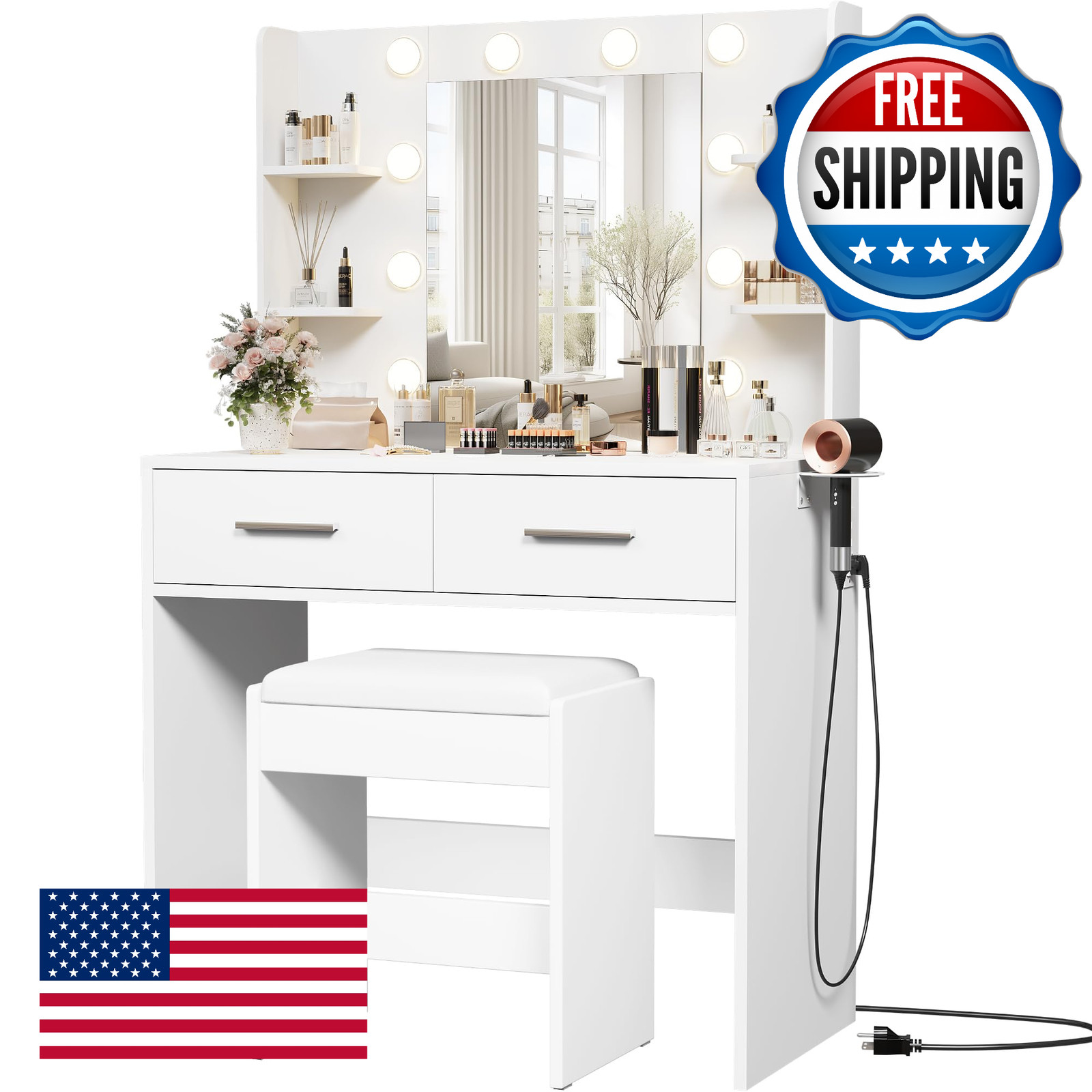 Furmax Makeup Vanity Desk w/ Mirror, Power Outlet, 3-Color LED Lights & Bench