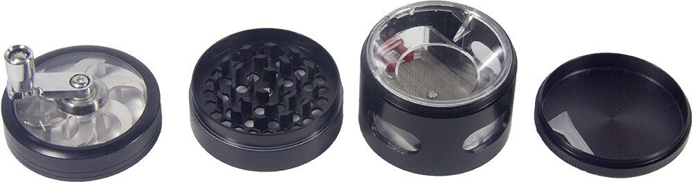 2.4" 4 PC Black Tobacco Herb Spice Grinder W/ Handle Crank & Drawer Crusher