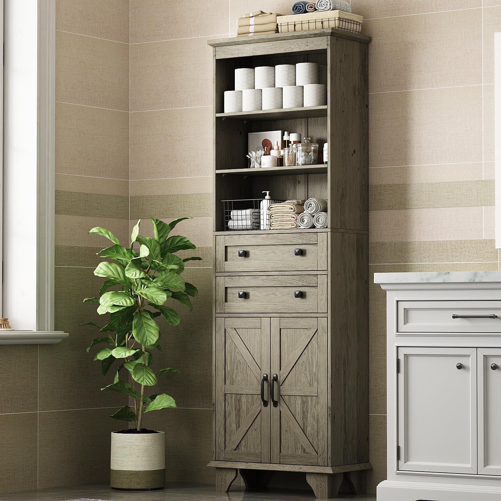 72" Farmhouse Storage Cabinet,Tall w/ 2Drawers,Adjustable Shelves and Barn Door