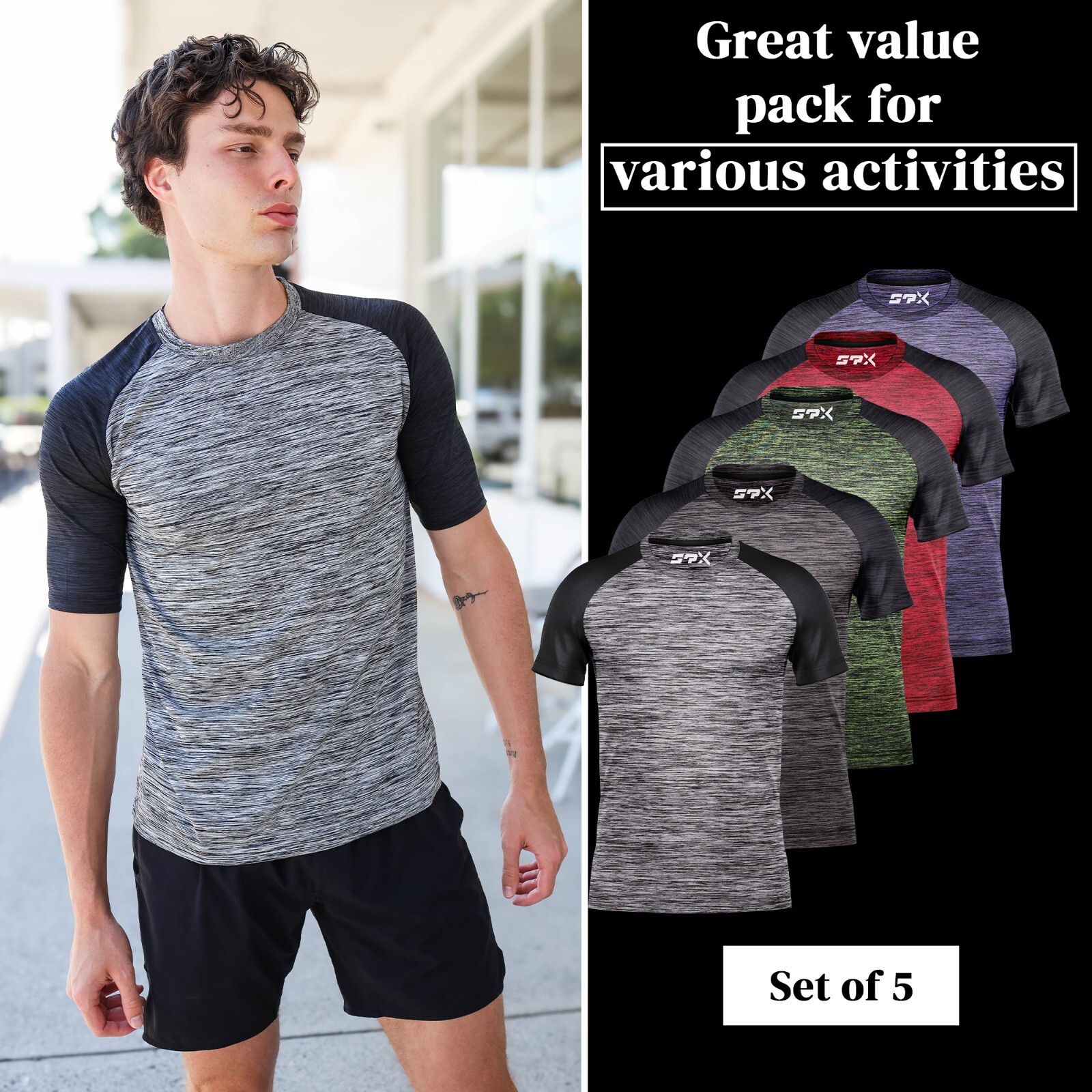 [5 Pack] Mens Active Athletic T Shirts Gym Running Workout Dry-Fit Crew Neck Top