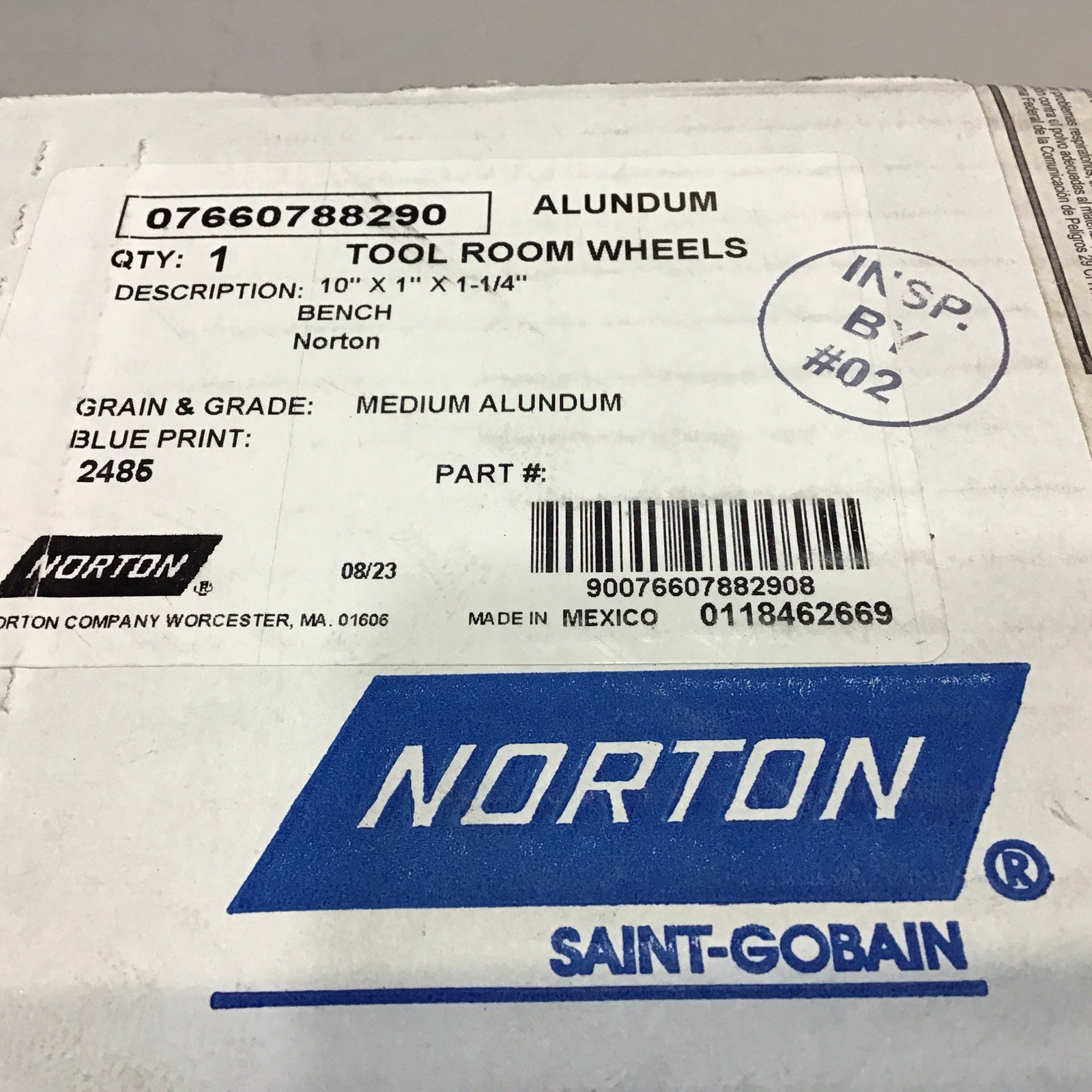NORTON 07660788290: 10" x 1" x 1-1/4" Medium Alundum Grinding Wheel 2485RPM