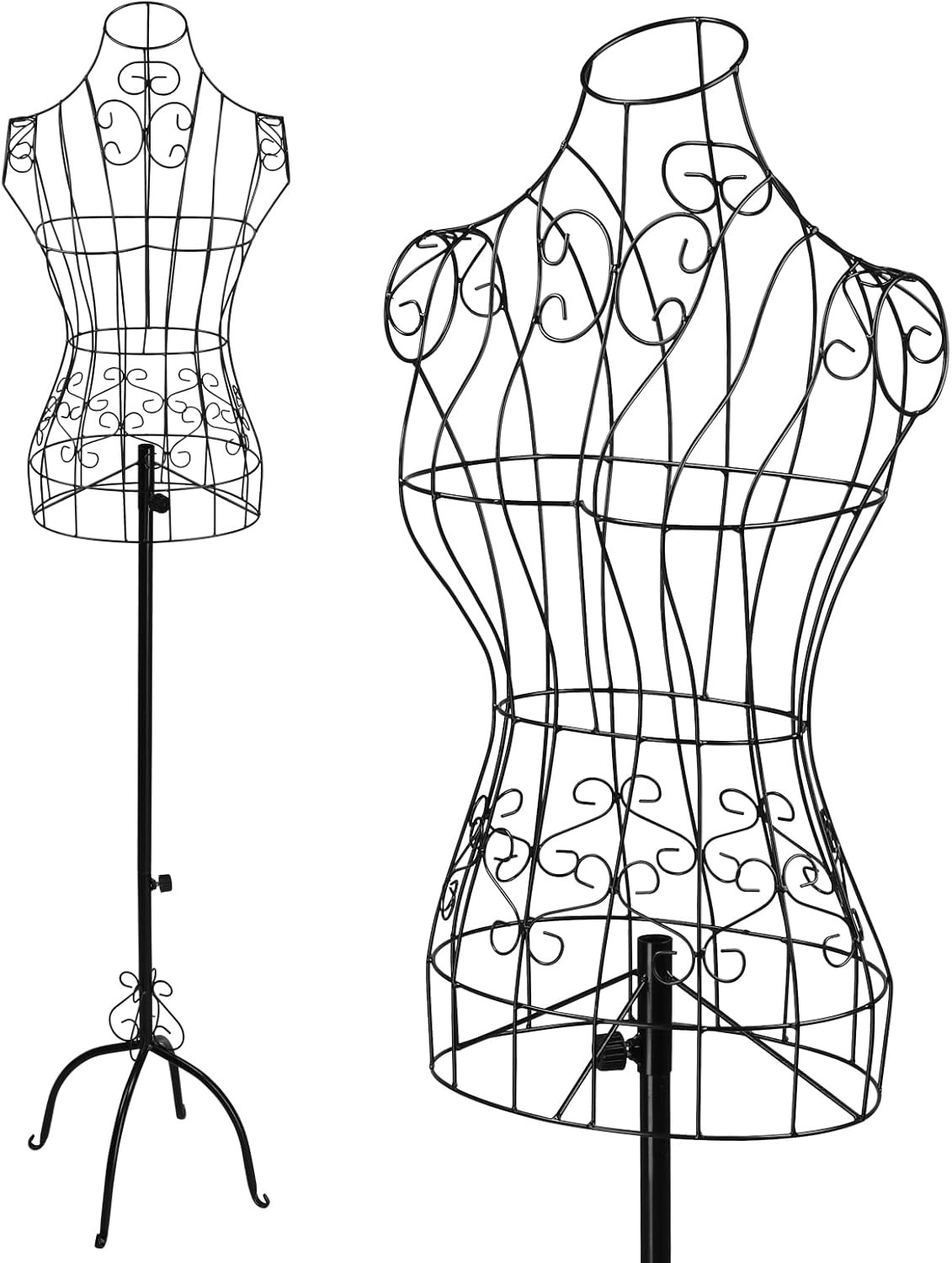 Vintage Wire Dress Form, Adjustable Height 44-65in, Black Metal Mannequin Decor