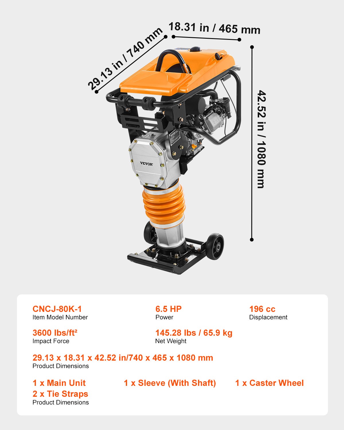 VEVOR 6.5 HP 196cc Jumping Jack Vibratory Rammer Tamper Compactor Fuel Power