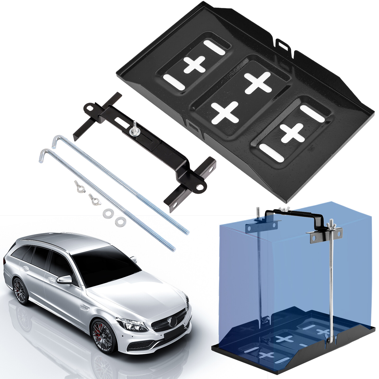 Universal Storage Battery Holder Adjustable Tray + Hold Down Clamp Bracket