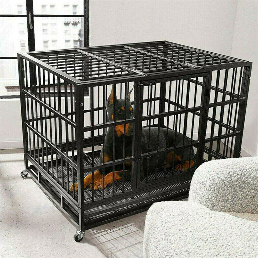 XXL Heavy Duty Pet Dog Cage Strong Metal Crate Kennel Playpen with Wheels &Tray
