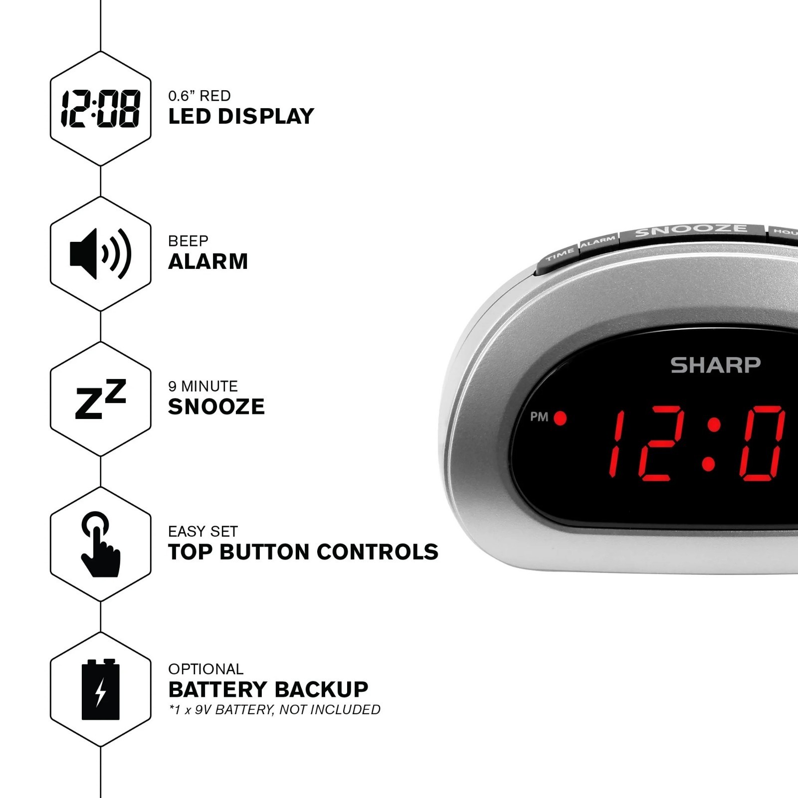 Digital Sharp Alarm Clock, Cosmic Silver, Easy to Set Controls, Red LED Display