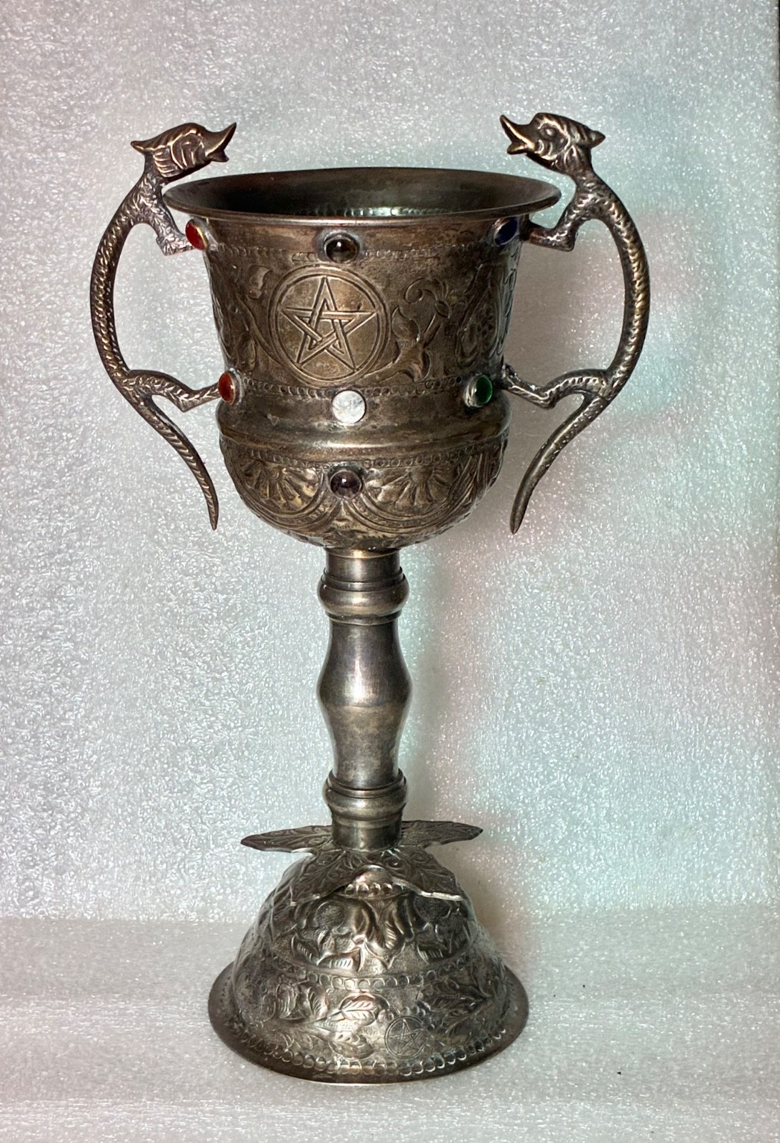 Chalice Carbochons Dragons Pentacle Stars Pentagram Hand Made Silver Plated 13”