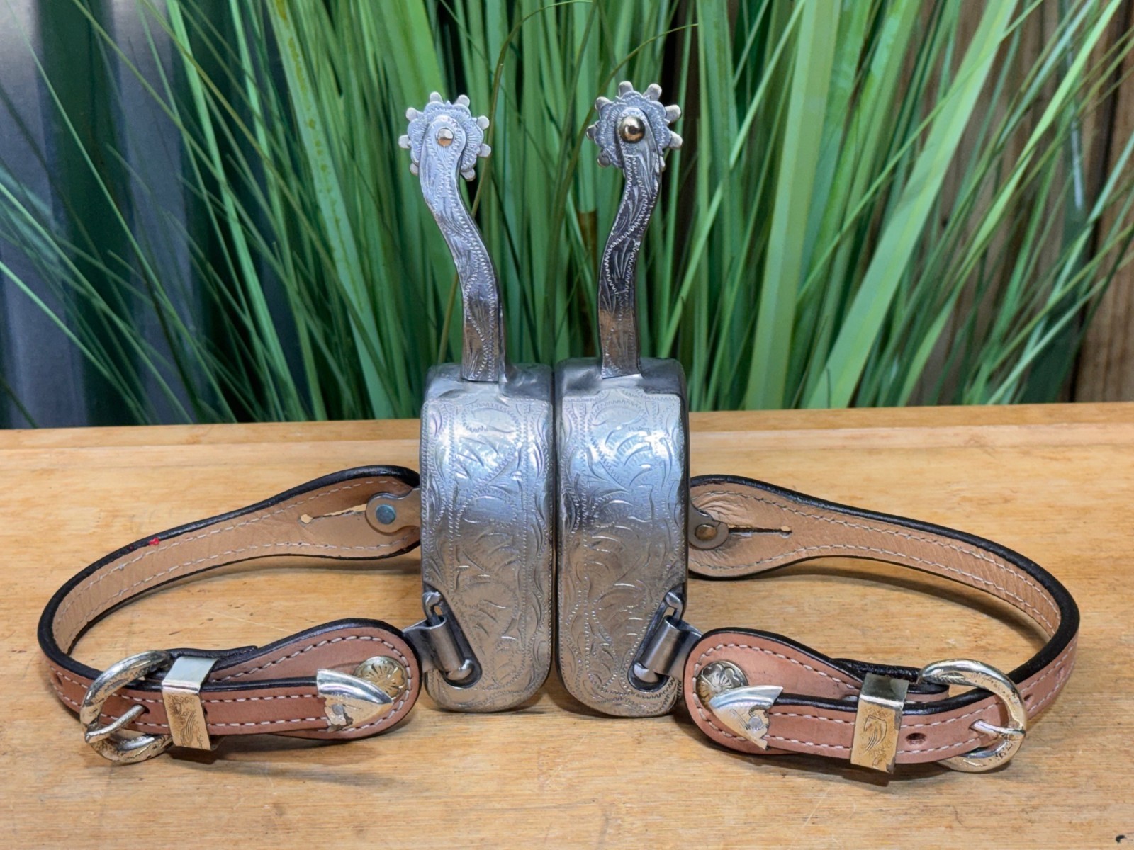Silver Mounted Long Shank SS Western EQUITATION Spurs w Leather Straps