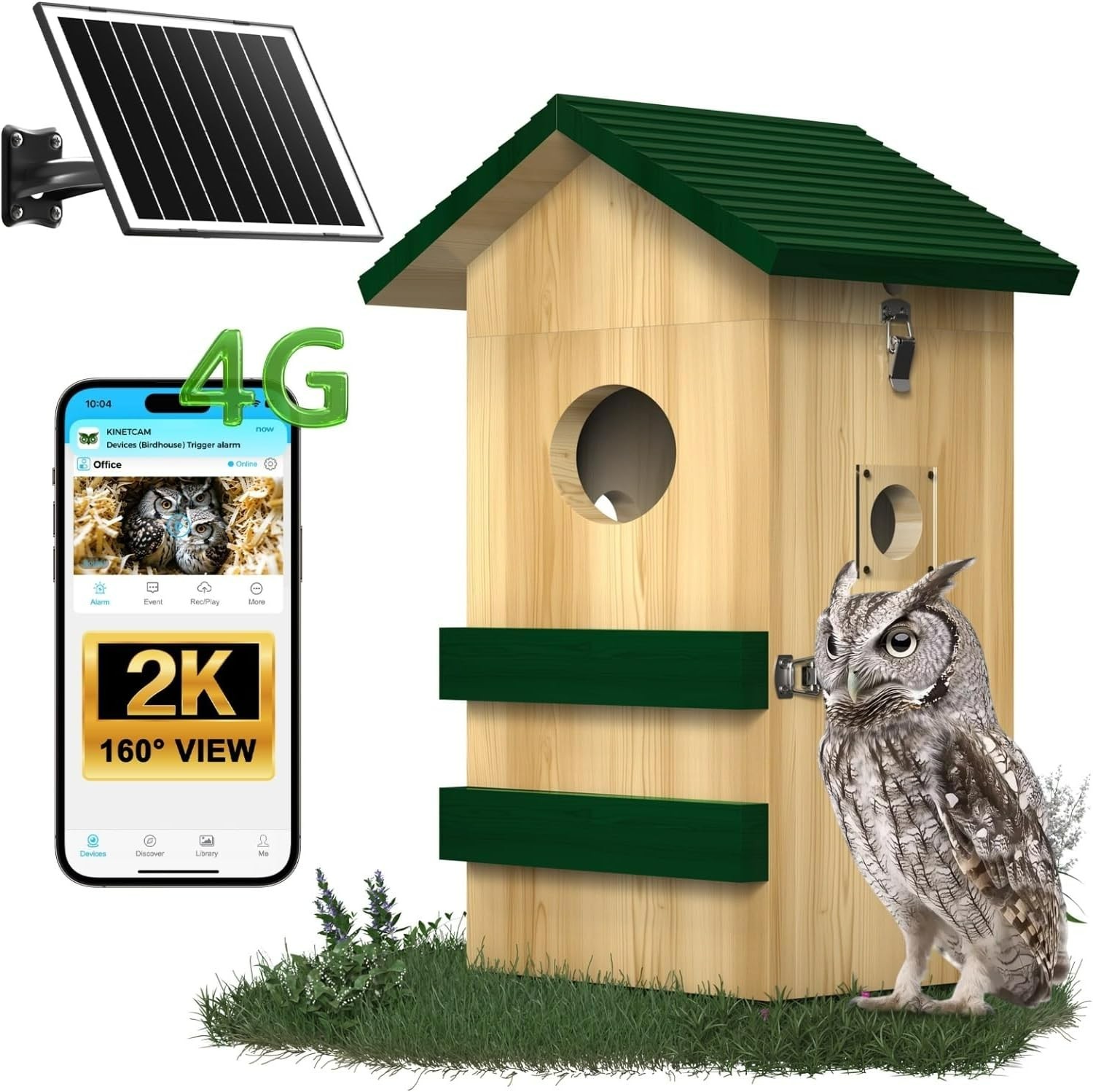 2K Owl Nesting Box Pine Wood 4G LTE Camera, Solar, Night Vision