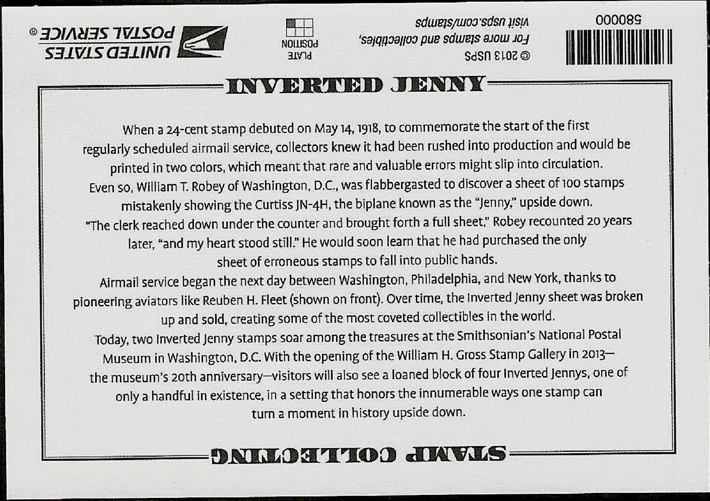 2013 INVERTED JENNY Pane 6 $2 Stamps: Upside-Down Airplane, Error Souvenir #4806
