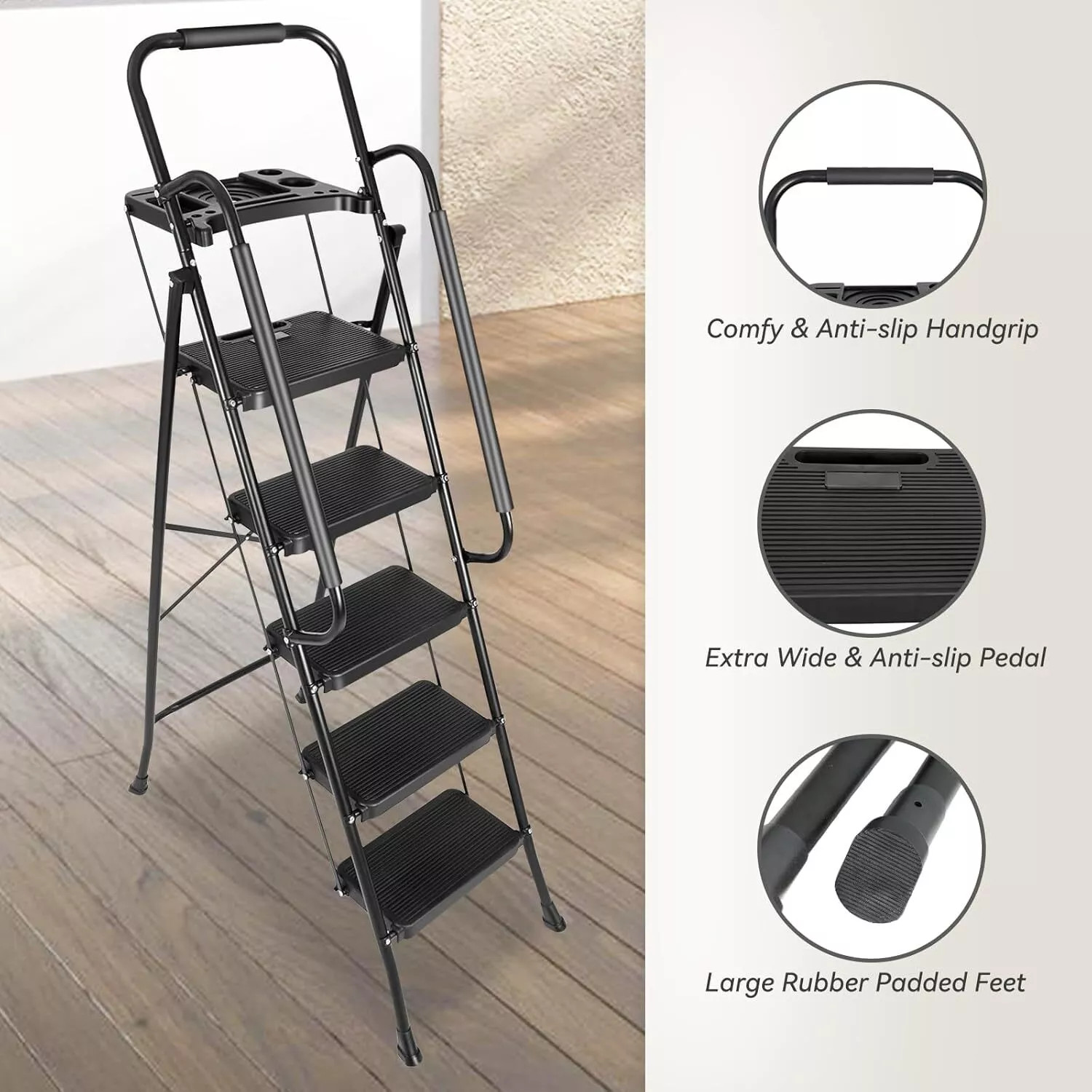5 Step Non-Slip Stool Ladder with Handrails 330 lbs folding Tool Tray Platform
