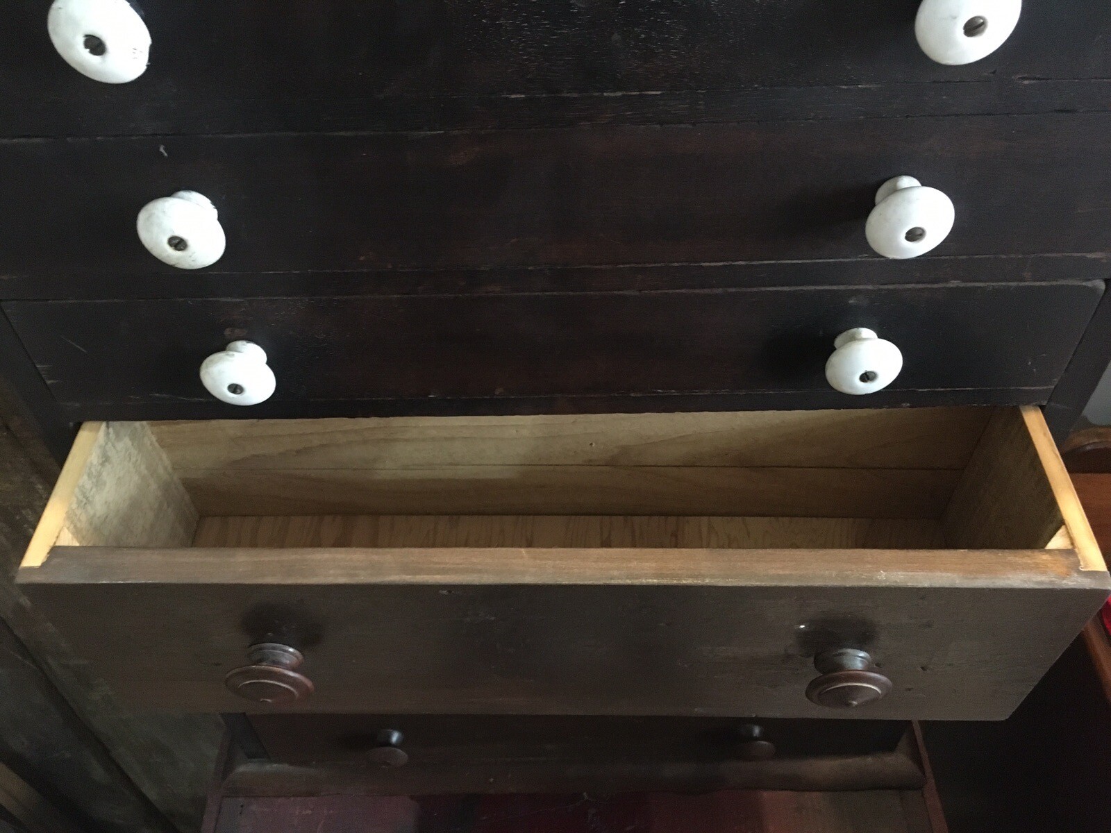 Antique 6 Drawer Wood Cabinet Porcelain Knobs 30x21-1/2x6-1/2