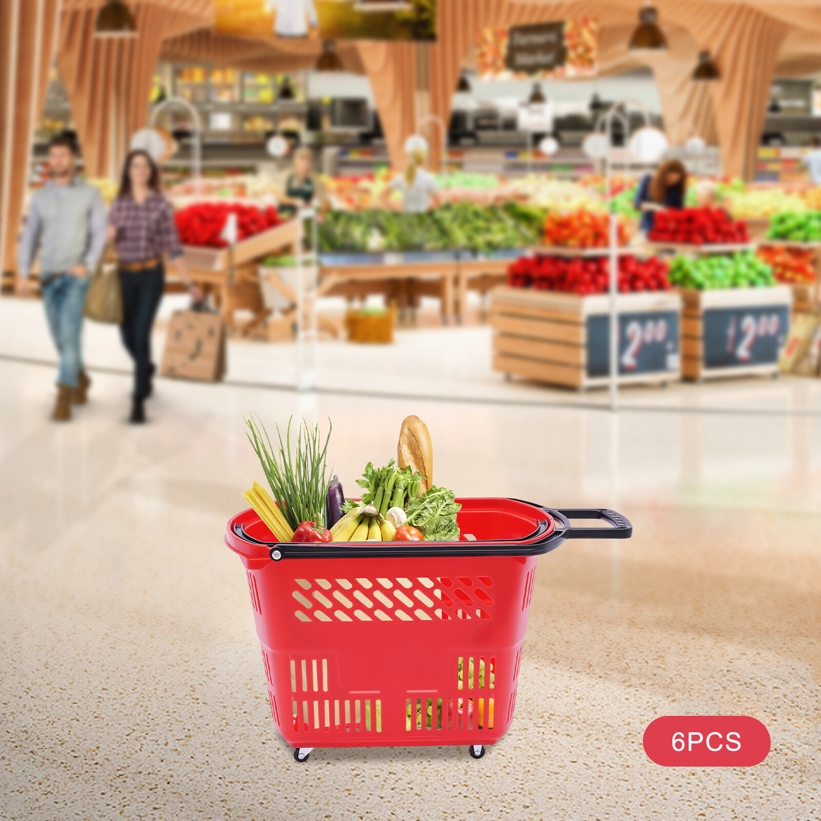 Trolley Rolling Shopping Baskets 6 pcs Plastic 35L with Handles Shopping Carts