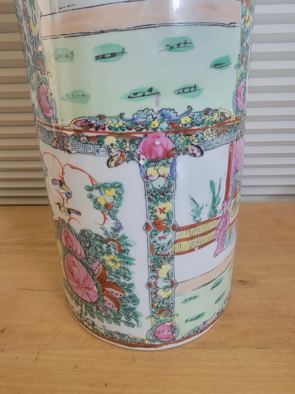 Vintage Porcelain Asian Umbrella Stand Pot Hand Painted 18 3/8" x 8 1/8"