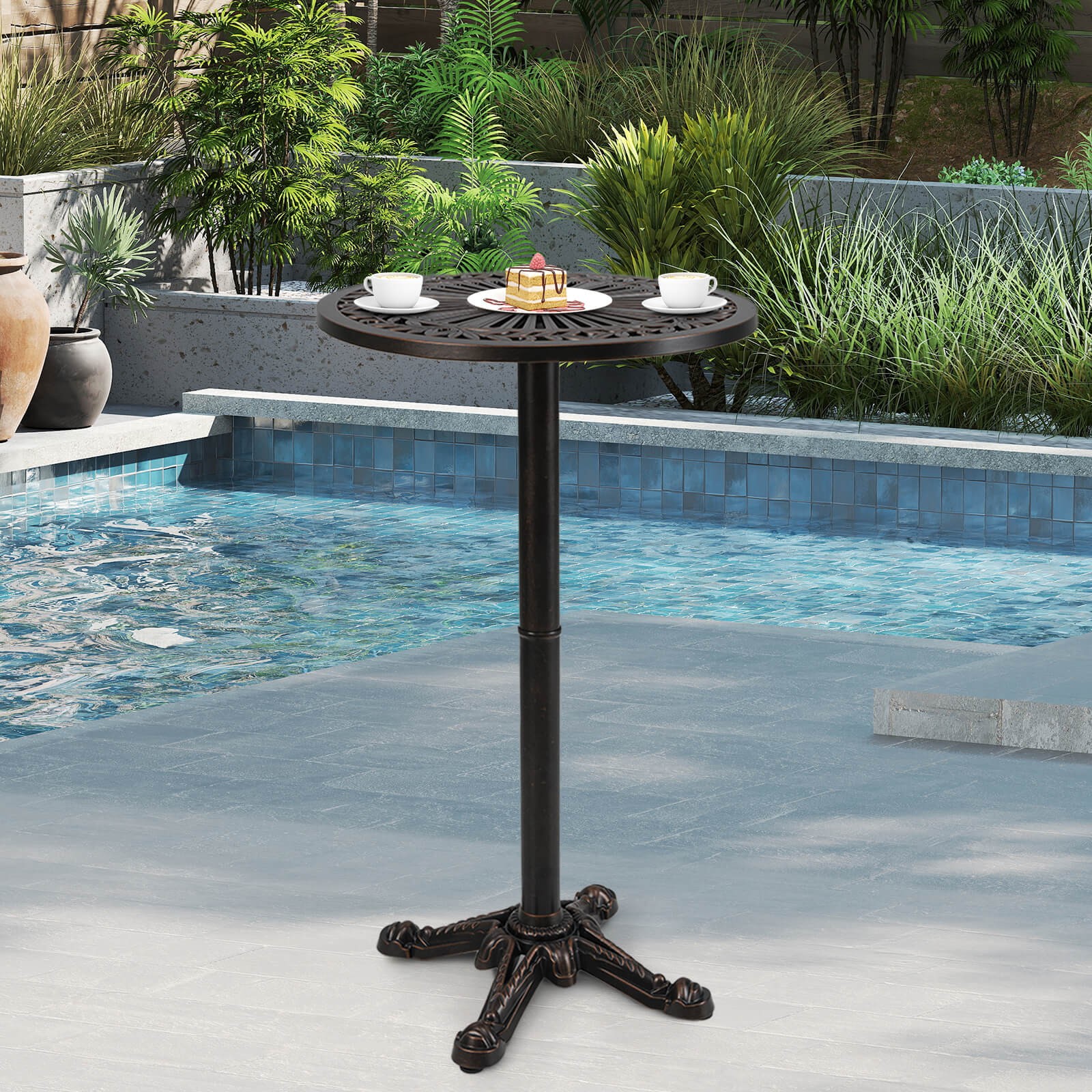 24" Patio Round Bar Table w/Carved Texture for Garden Backyard Balcony, Poolside