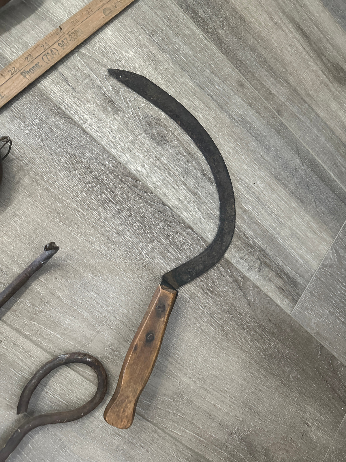 Lot of 7 vintage tools farm antique wooden tongs pliers scythe hooker plunger