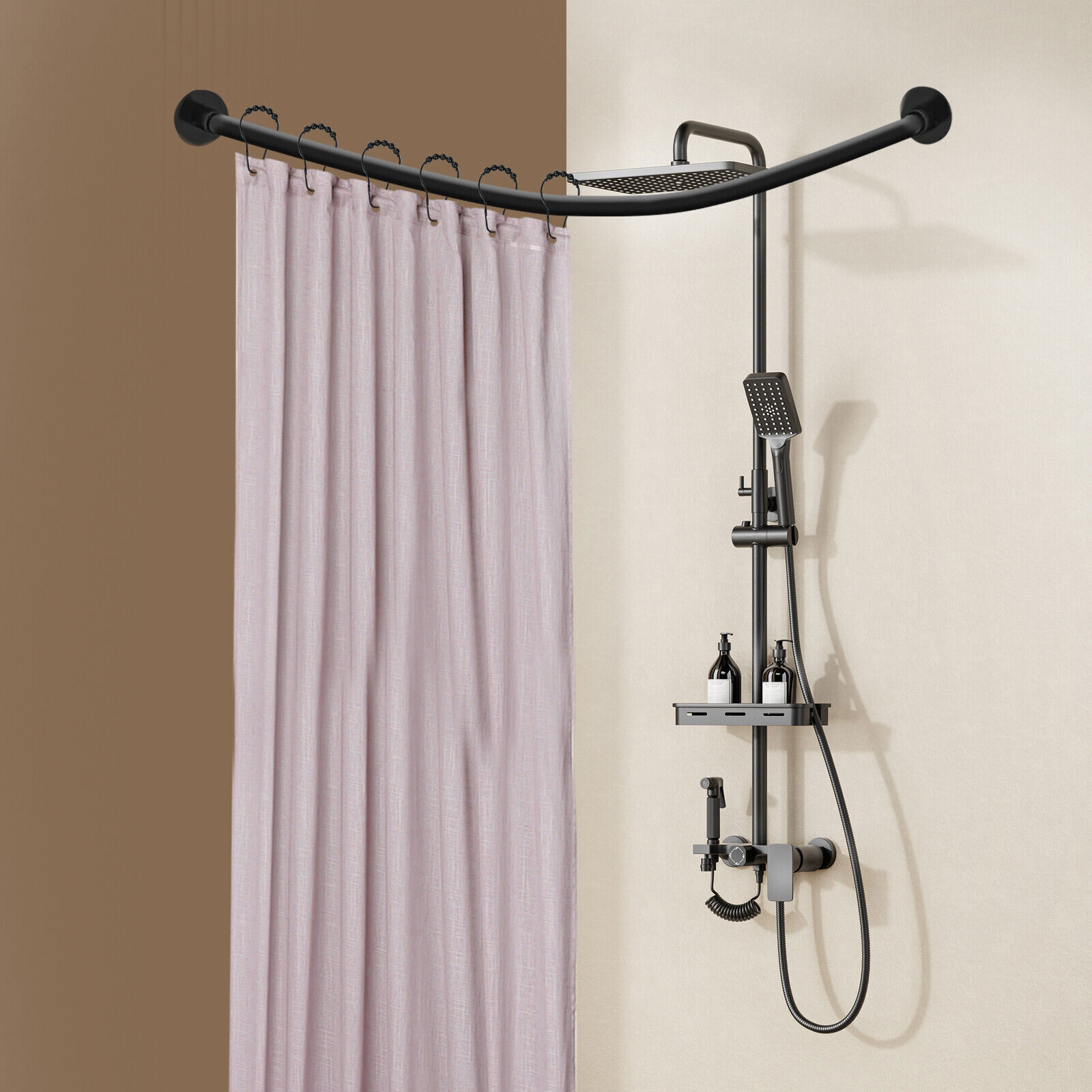 Adjustable L Shaped Shower Curtain Rod Stainless Steel Bathroom Shower Pole Rail