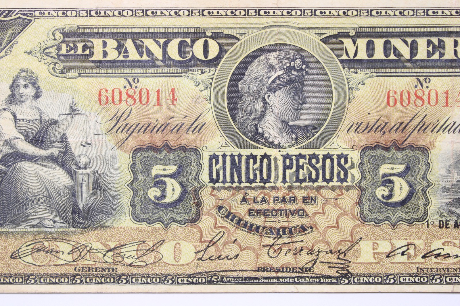 1914 El banco Minero 5 pesos Circulated Banknote Serie H.51 VF # 0416