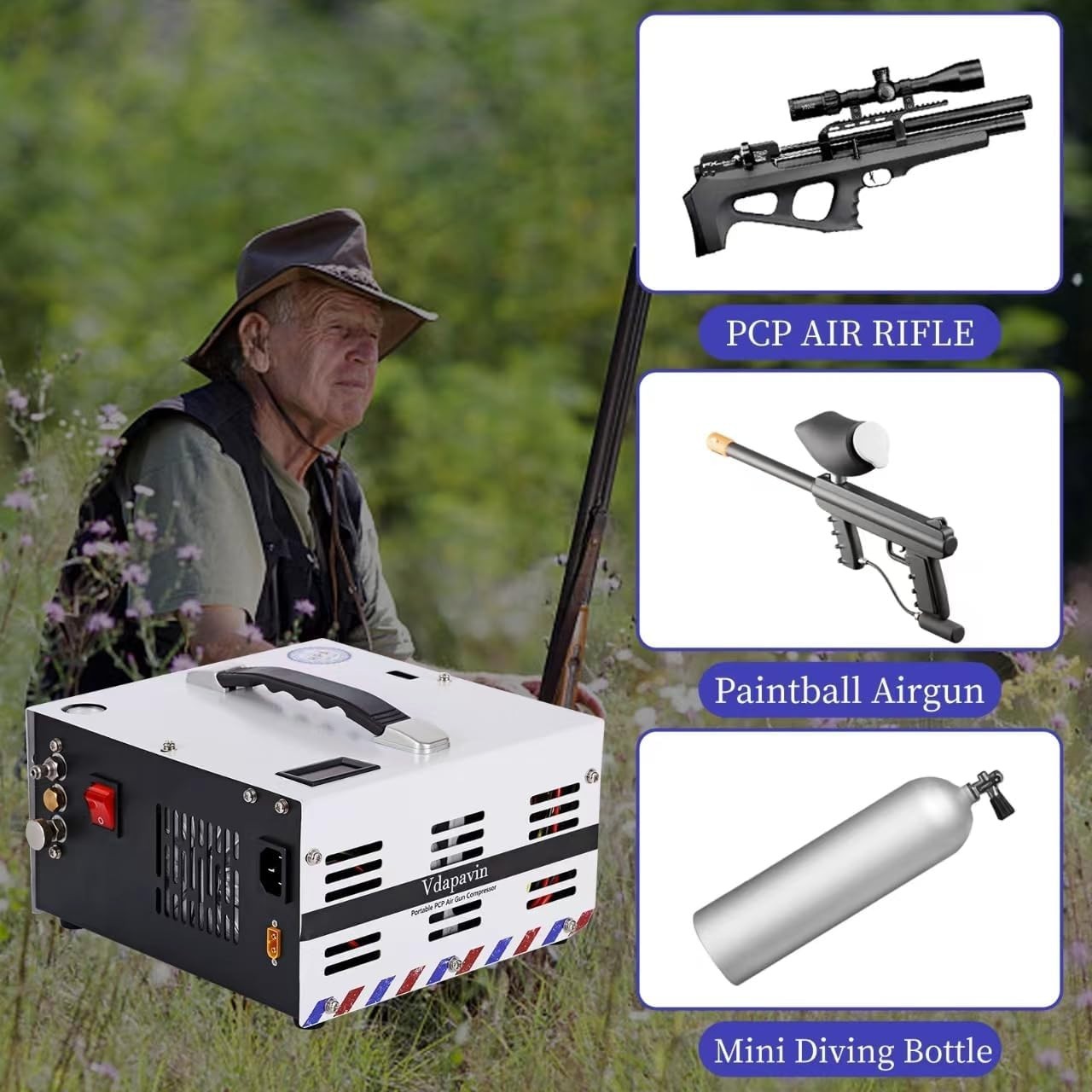 PCP air compressor, 4500 Psi/30Mpa, built-in power converter 12V DC/110V AC