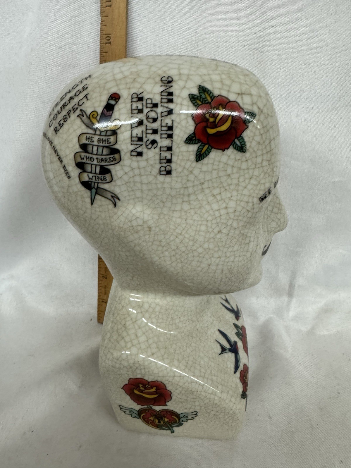 Tattooed Phrenology Head Bust Three Hands Corp Crackle Glazed