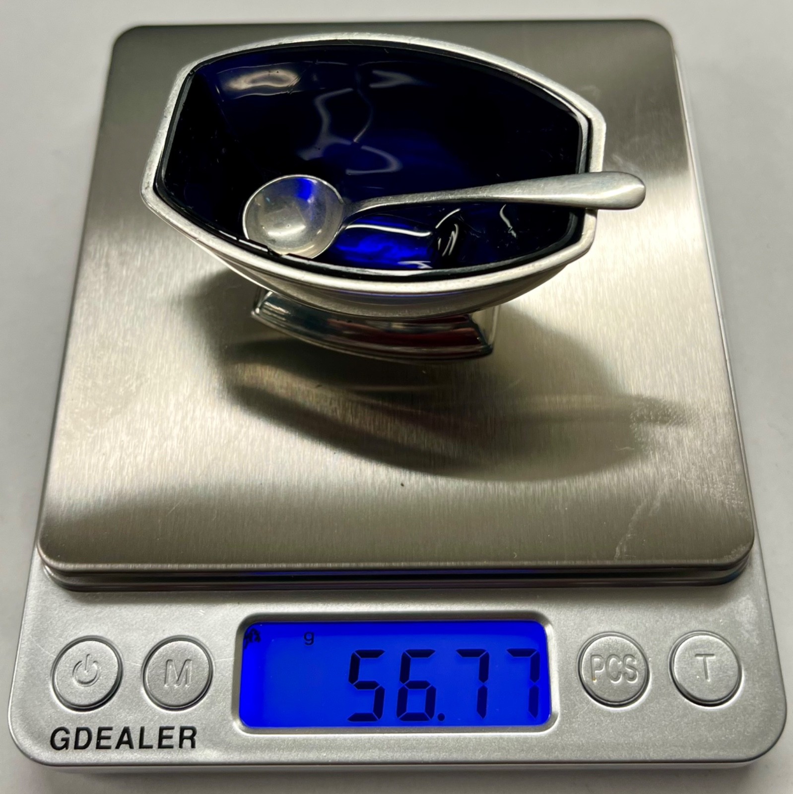 Antique Art Deco Charles Packer & Co Sterling Silver Salt Cellar & Spoon Cobalt