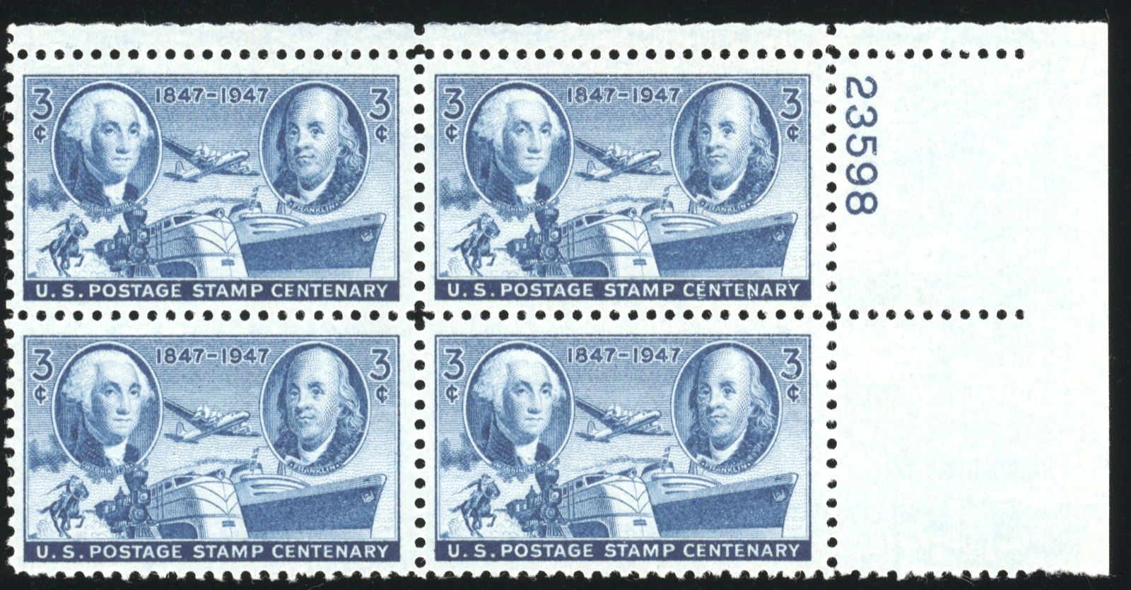 US - 1947 Postage Stamp Centenary 3c - SC# 947 Plate Block of 4 Mint NH OG