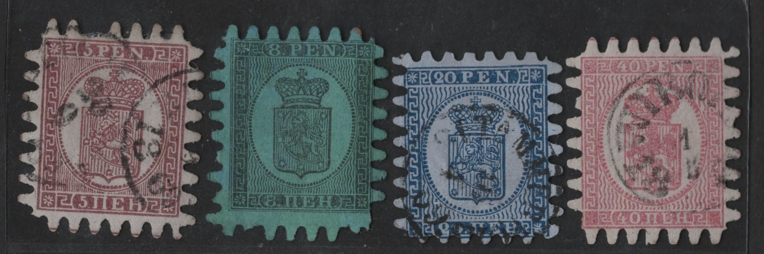 FINLAND 1866 FIRST ISSUES SCOTT #6-7, 9-10 NEAT SERPENTINE ROULETTE