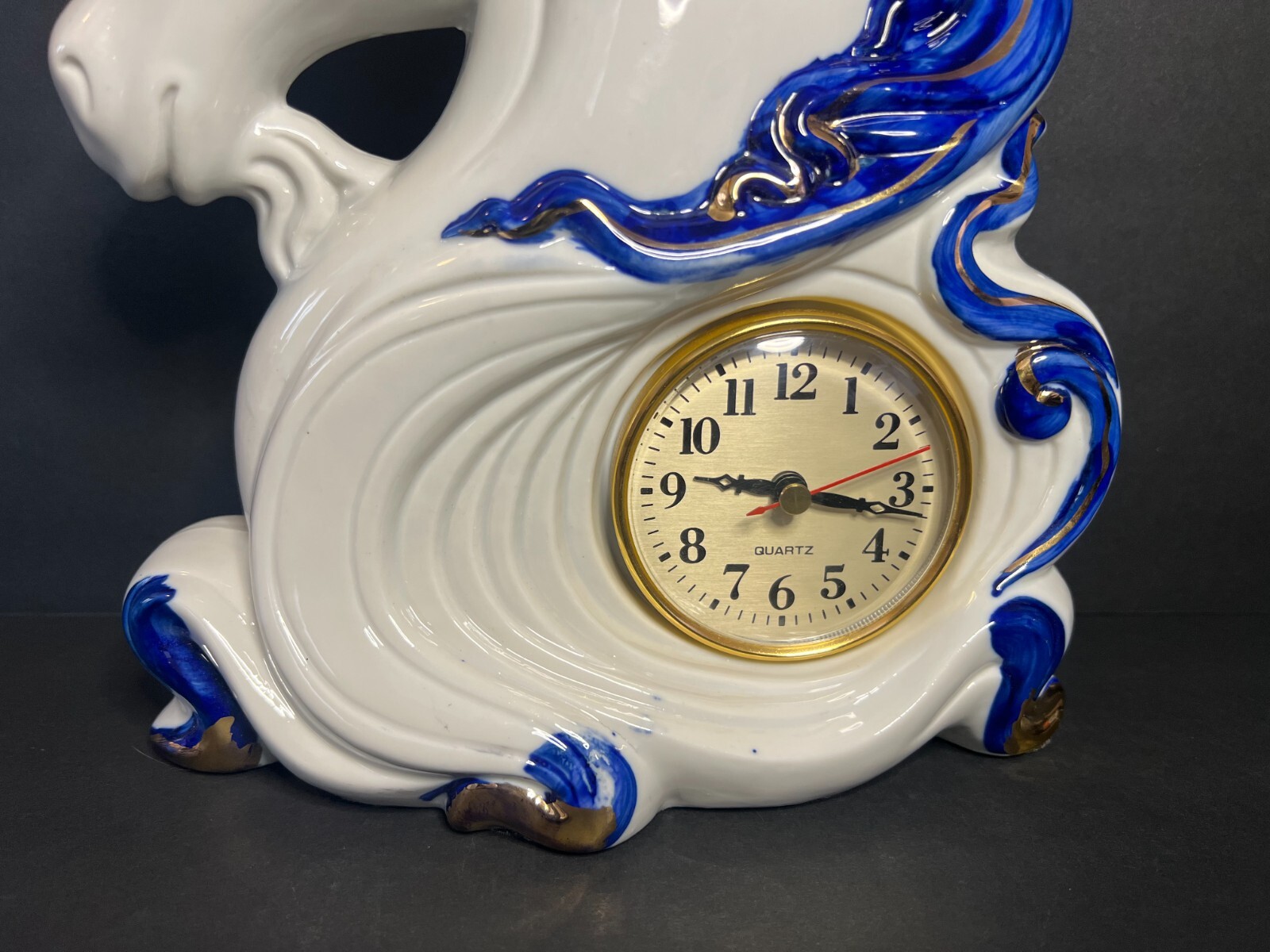 Vintage RARE Hand Painted Porcelain Blue & White Gold Unicorn Quartz Table Clock