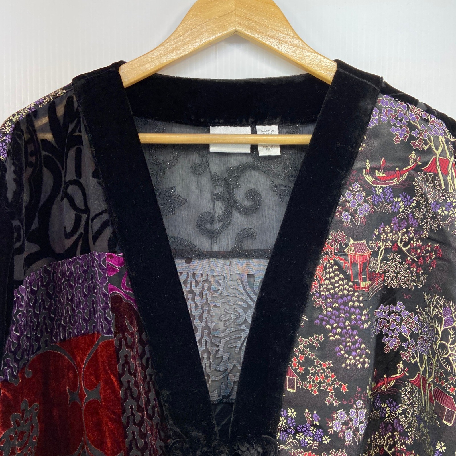 Chicos Patchwork Velvet Burnout Kimono Yukata Jacket Black Floral Womens 3 XL 16