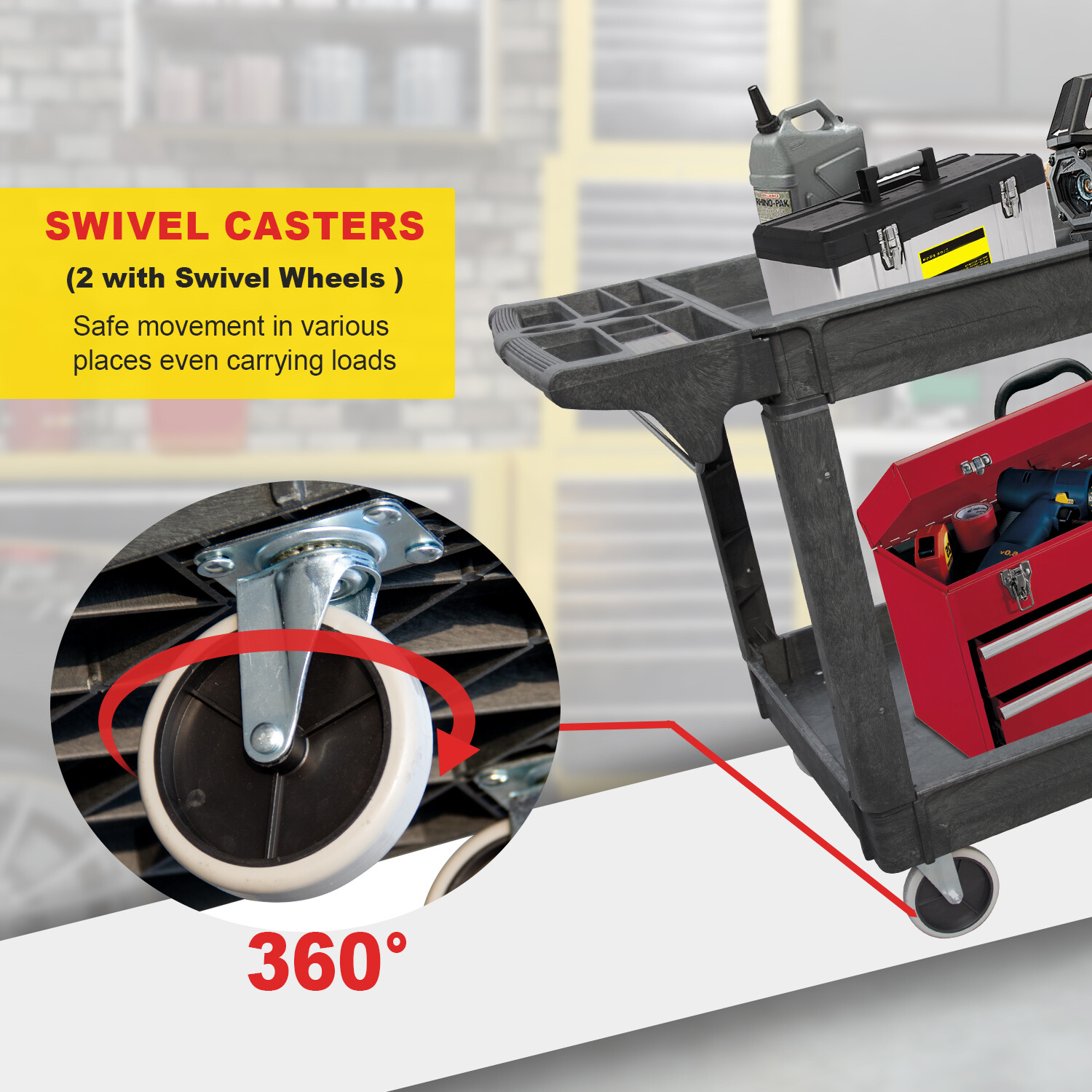 16*30 Inch Polypropylene Service Cart Heavy Duty 500 lbs Tools Organizer Rolling