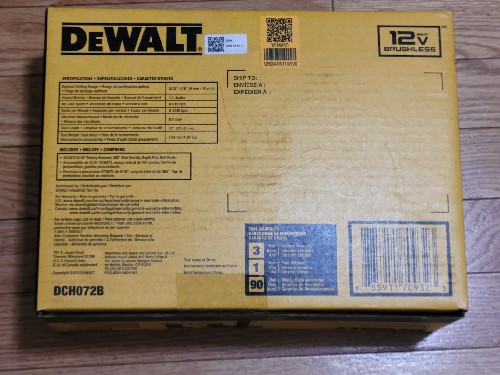 New DEWALT XTREME 12V Max SDS-Plus Rotary Hammer Drill DCH072B Tool Only Sealed