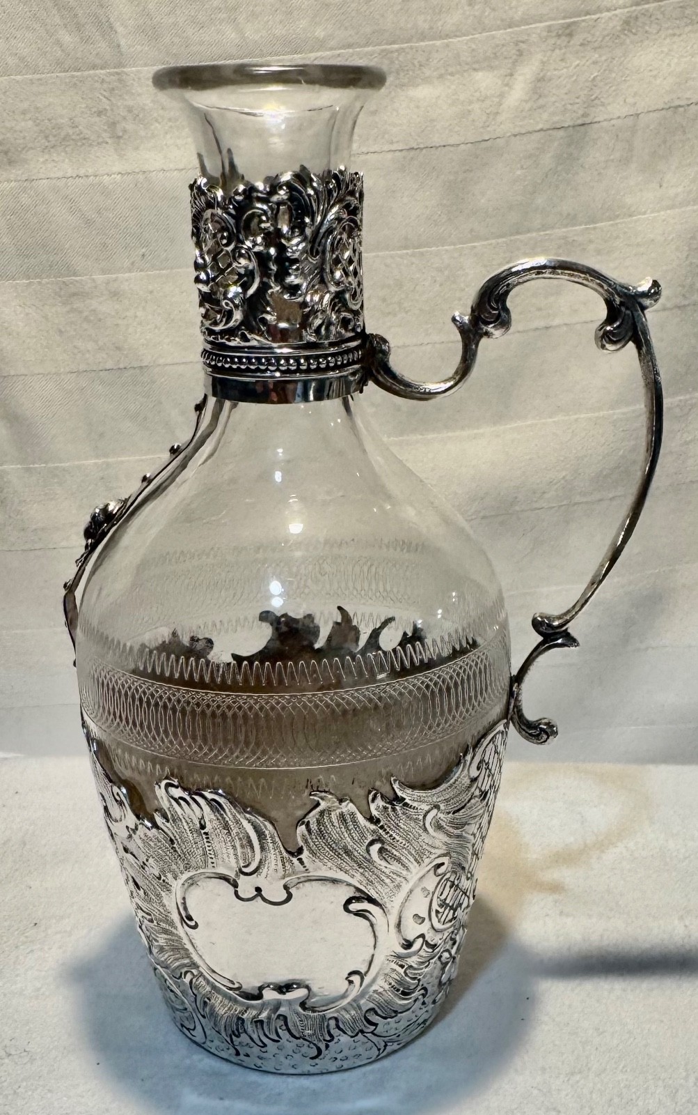Antigue German 800 Silver Crescent & Crown Claret Jug Cut Glass Rococo c.1890