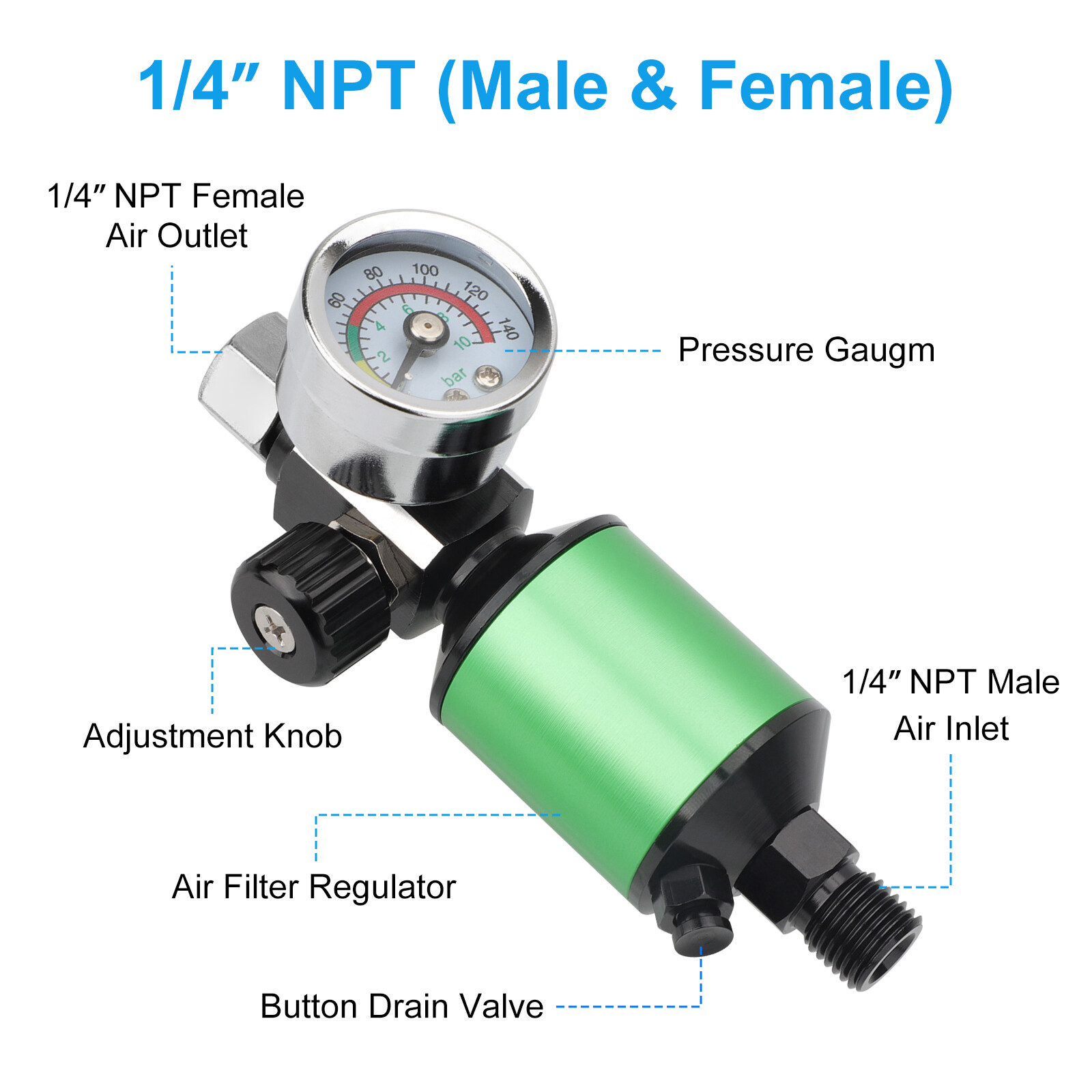 150PSI Pressure Gauge Oil-Water Separator 1/4" NPT Air Filter Regulator