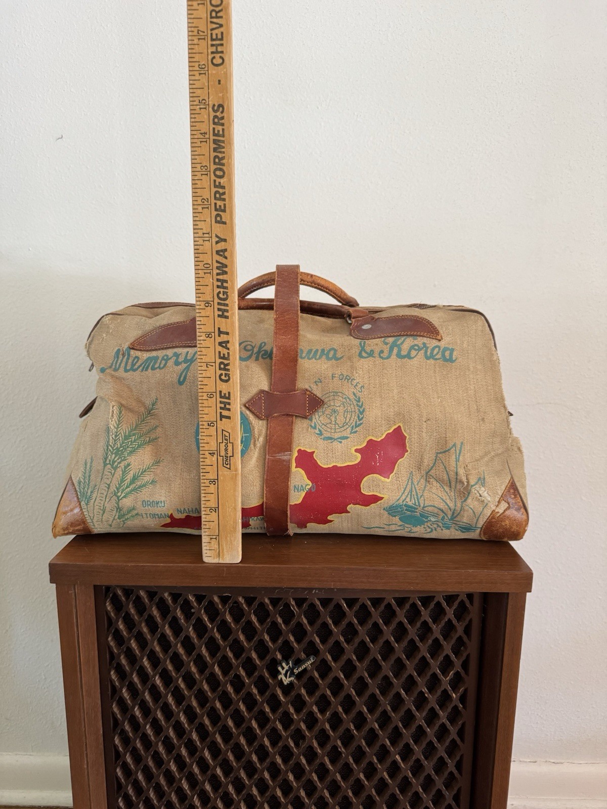 1950s Vtg Korean War Hand Painted Okinawa & Korea UN Forces Souvenir Duffel Bag