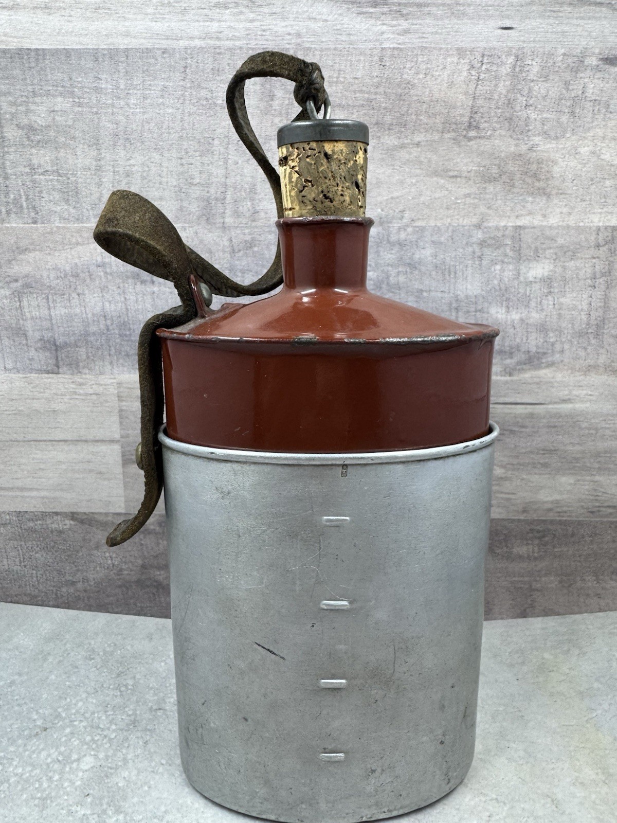 Vintage Swiss Army Canteen Enamel Water Bottle w/ Cork & Leather Strap 8.5”
