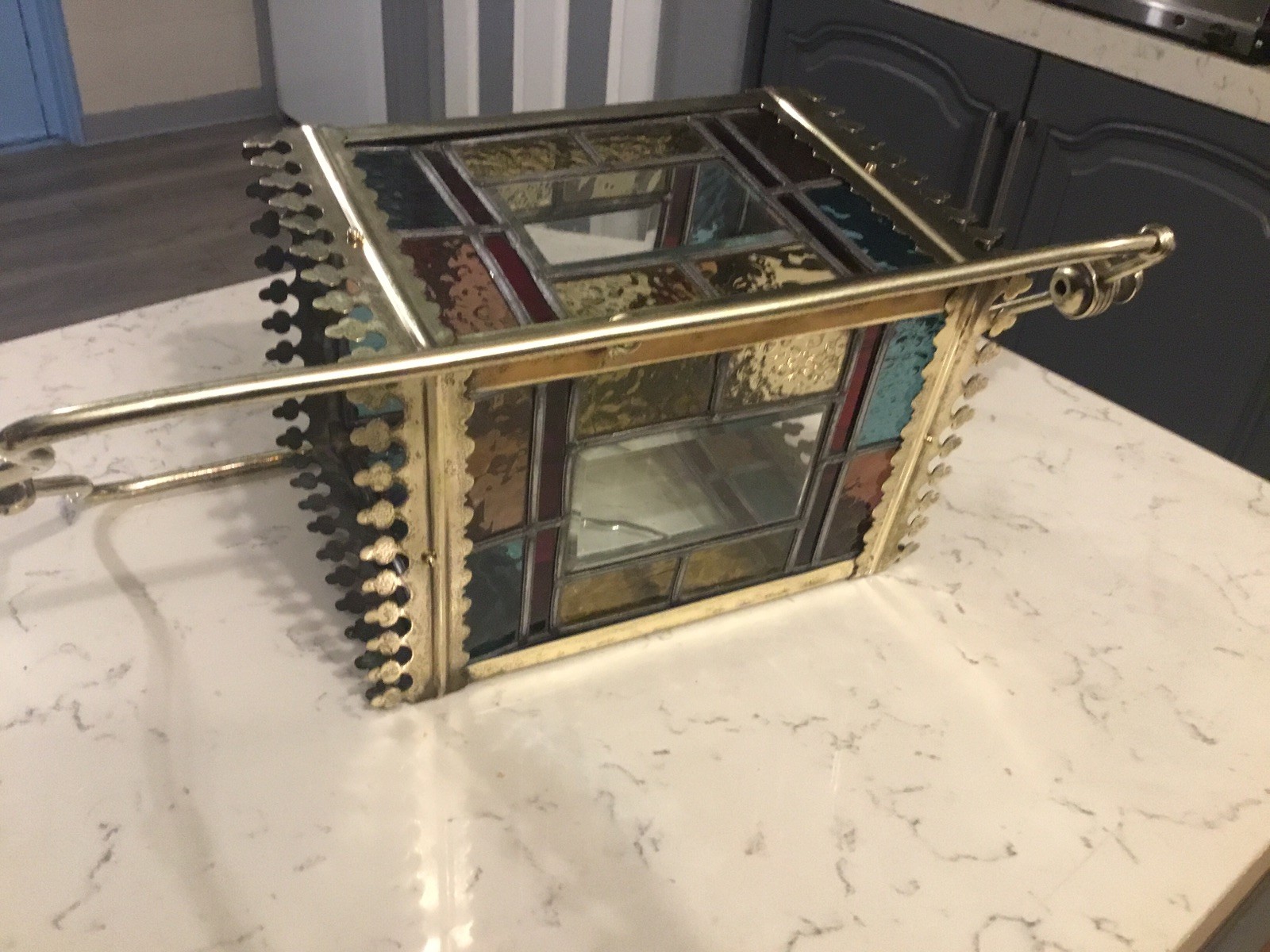 A BEAUTIFUL ANTIQUE BRASS & STAINED GLASS HALL LANTERN ,circa-1870.