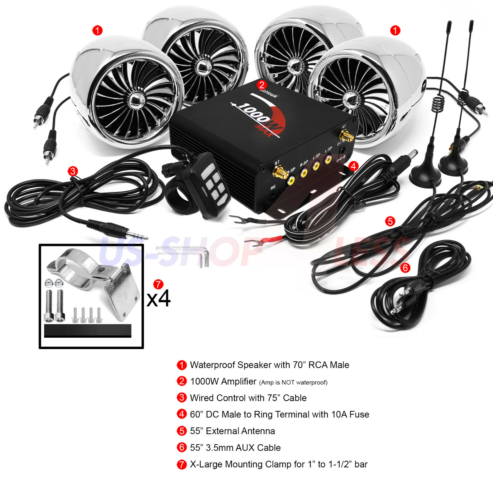 1000W Bluetooth Motorcycle Stereo 4 Speaker Audio MP3 System AUX USB SD FM Radio