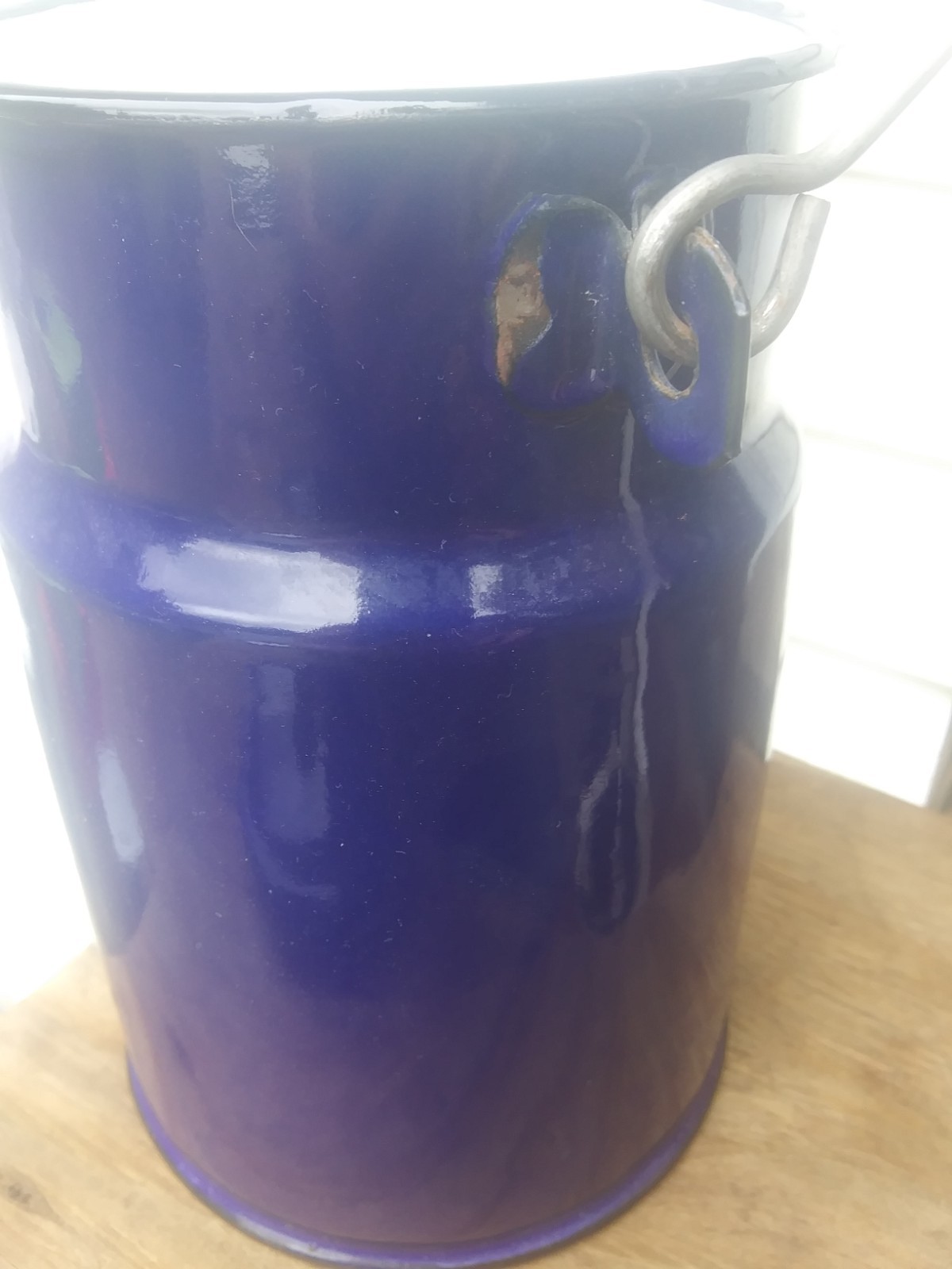Vintage Blue Enamel White Inside Milk Pail w/Lid Wooden Handle Made in Holland