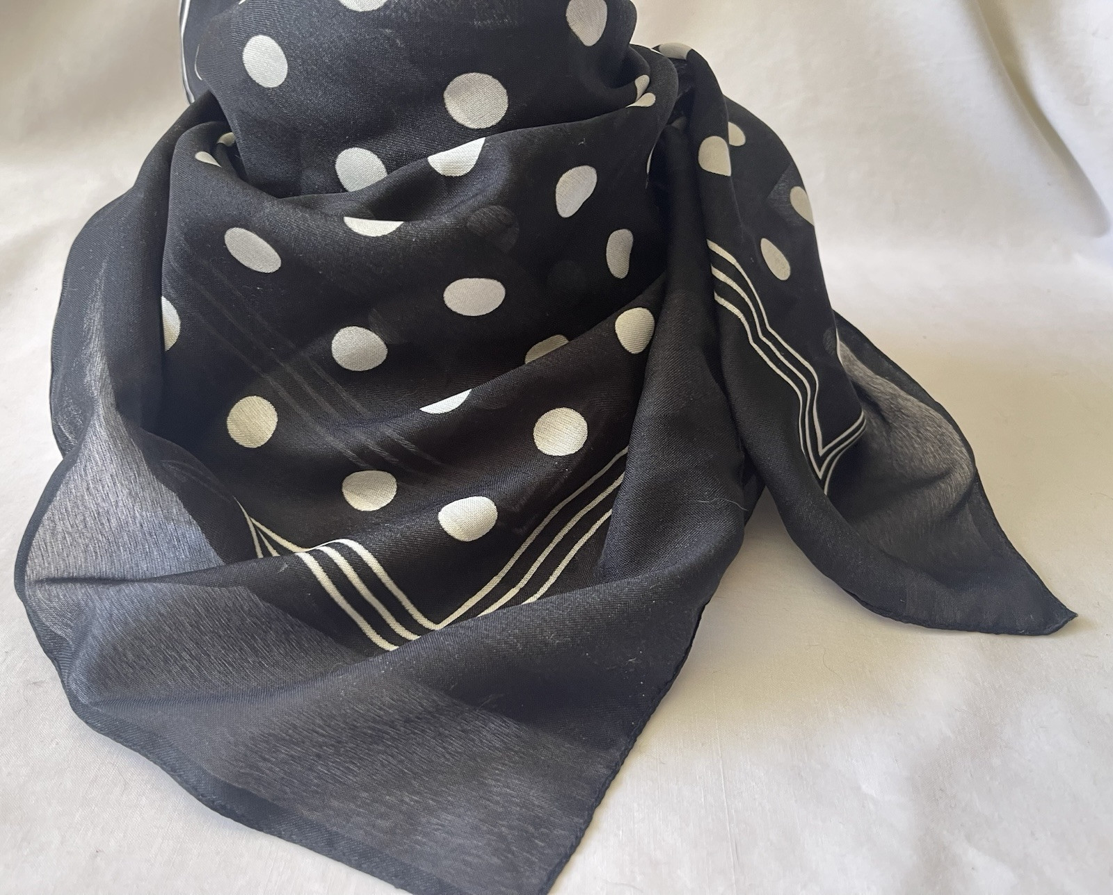 VINTAGE BERKSHIRE Italy: Black White Polka Dot Sheer 31" Square Scarf
