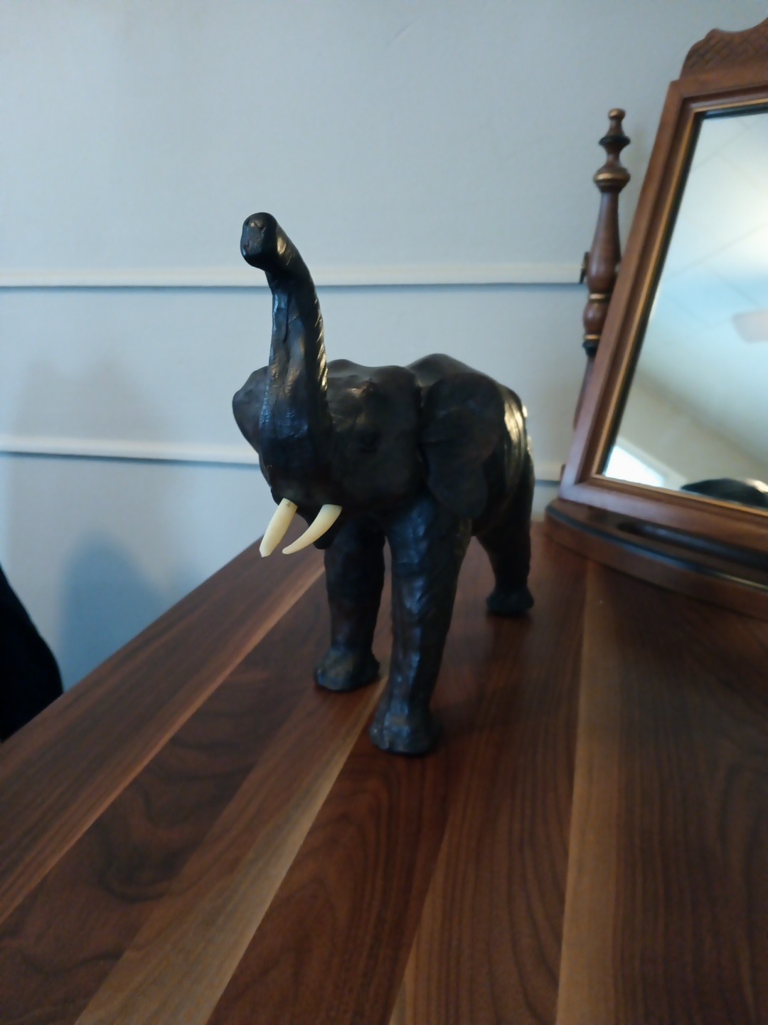 Elephant Large Leather 13" Brown Roaring Elephant Vintage Art Statue Lucky