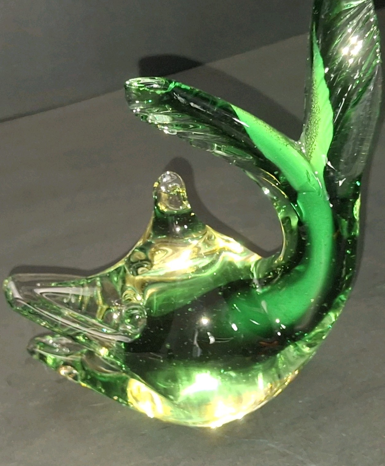 Vintage Green Glass Fish Sculpture Murano Paperweight Made in Italy Sunken Eyes