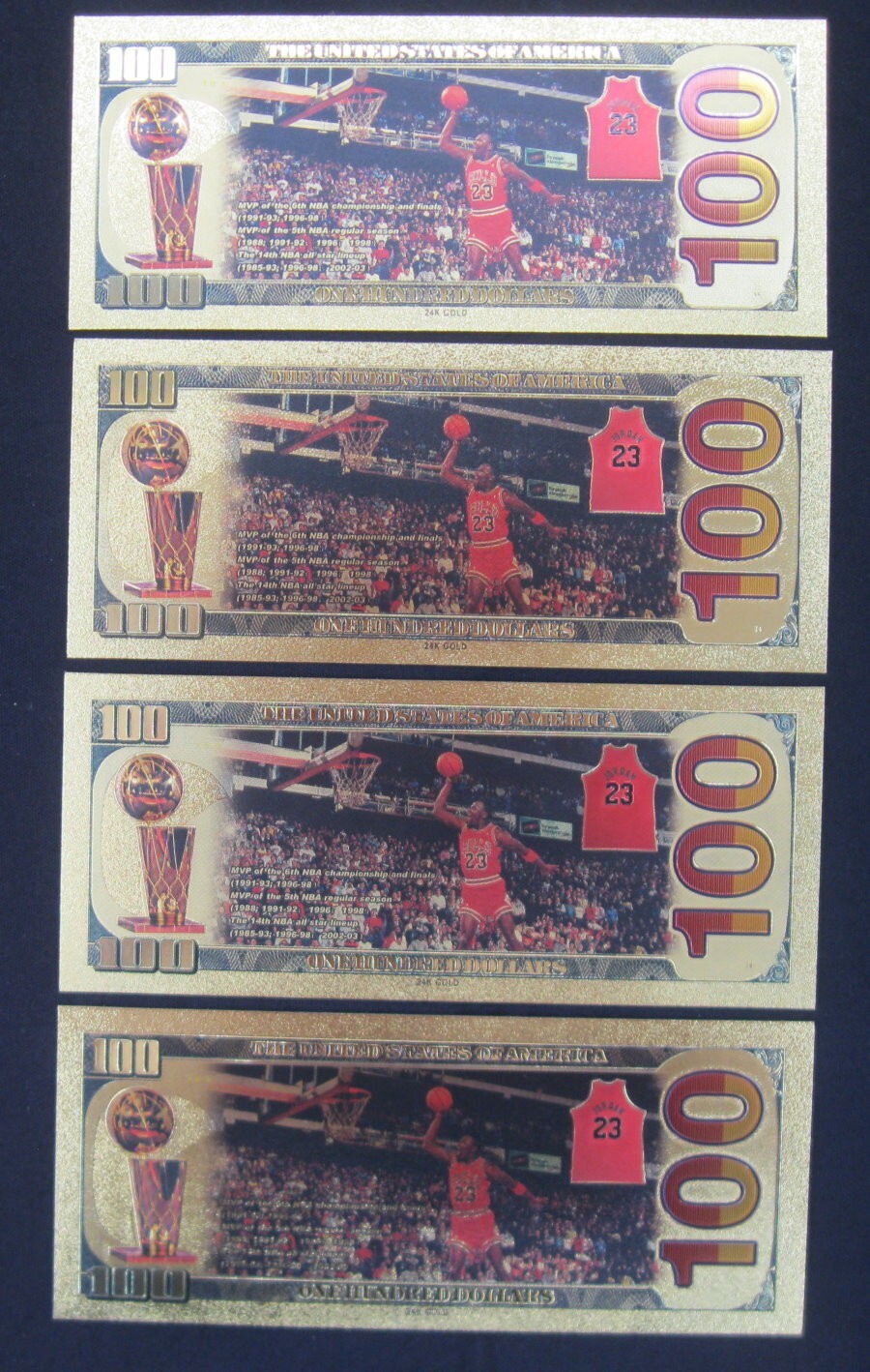 MJ-The GOAT-MVP-HOF-Chicago Bulls-Set of 4 GOLD BILLS! FREE SHIP & CERTIFICATE!