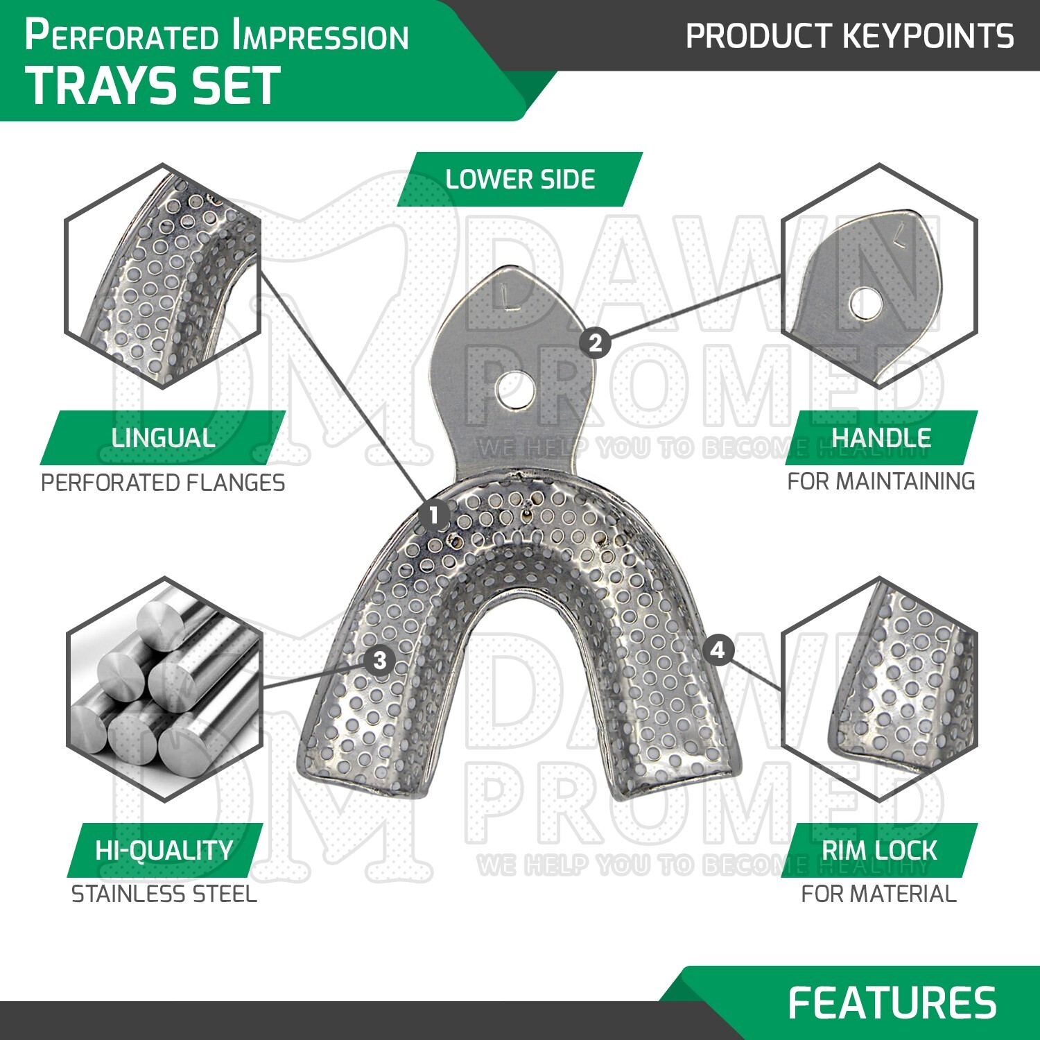 8 Pcs Perforated Metal Dental Impression Trays set Upper & Lower Inst German Gr