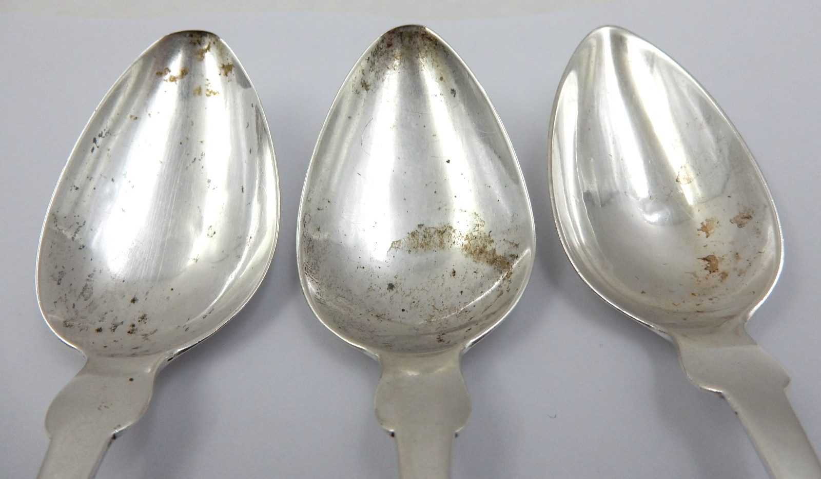 ANTIQUE SET OF THREE .900 COIN SILVER TEASPOONS W/MONO - 44.4 GRAMS TOTAL SCRAP