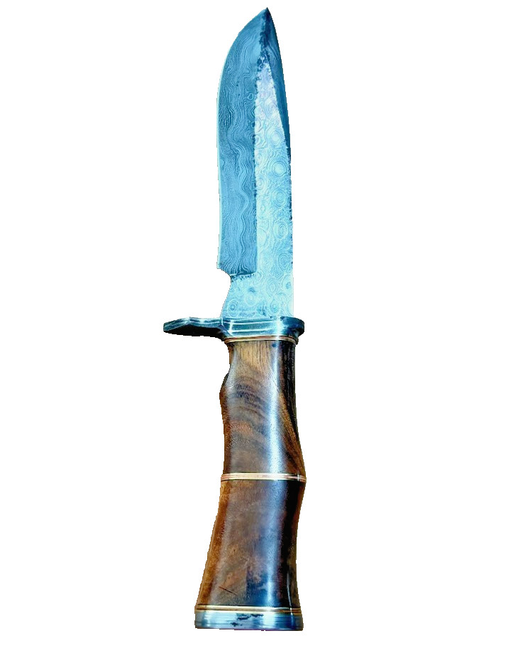 Damascus Blade 11" Bowie Knife with Leather Sheath Wood Handle Knives