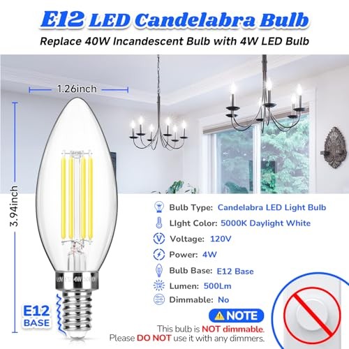 ELED Candelabra Bulb 40W Equivalent, 500LM Chandelier Light 12 Daylight White