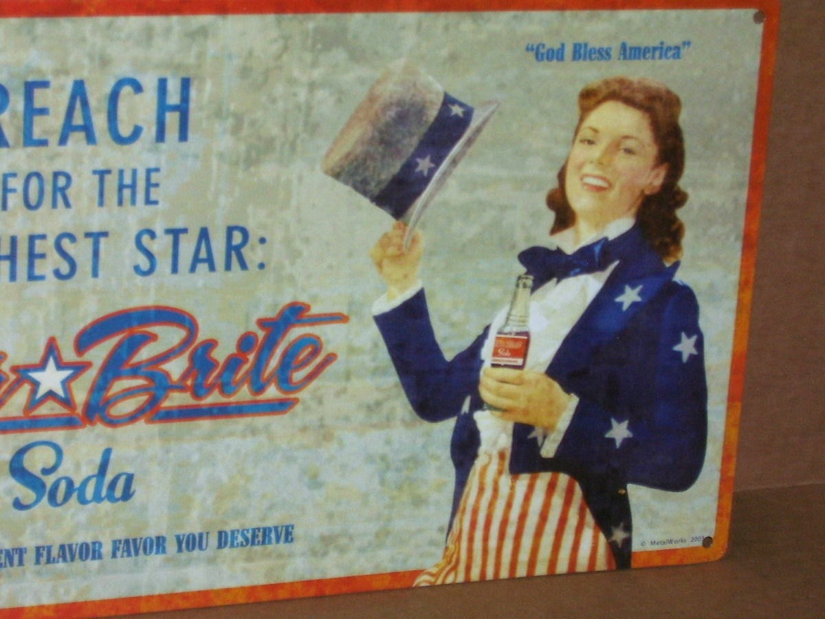 STAR BRITE SODA - TIN SIGN - Shows PRETTY GIRL - Drinking from OLD GLASS BOTTLE