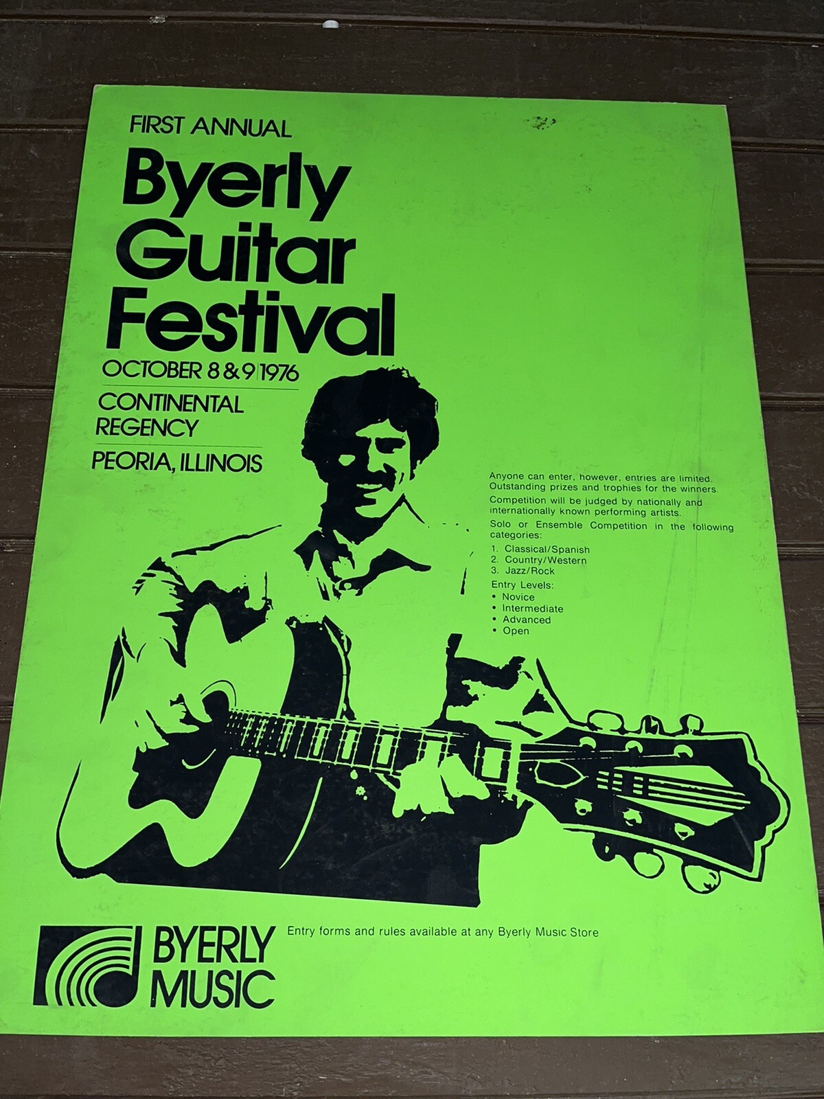 Vintage 1978 Byerly Music Guitar Festival Cardboard Sign - NOS Peoria ILL Retro