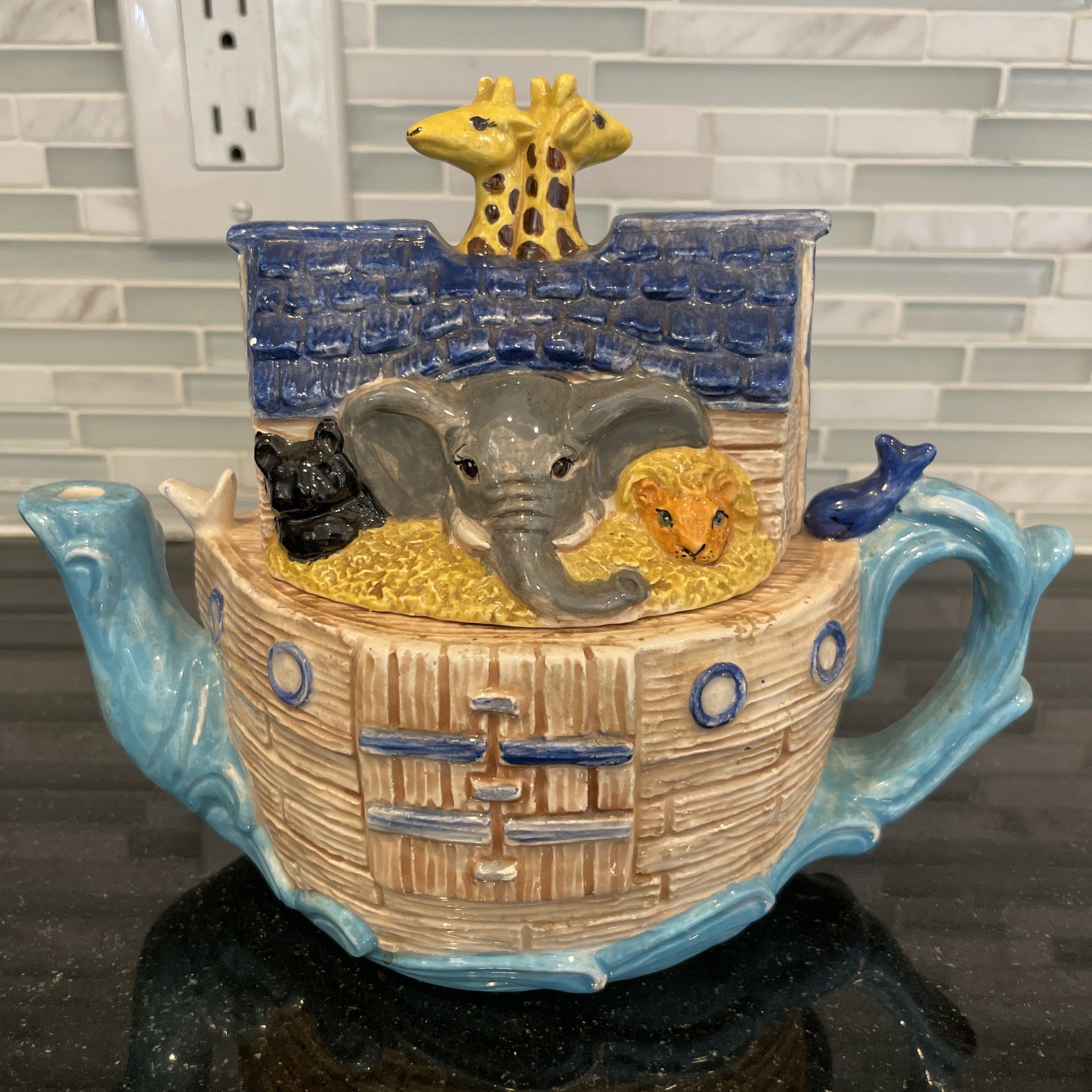 Vintage Colorful Noah’s Ark Ceramic Tea Pot With Lid Excellent